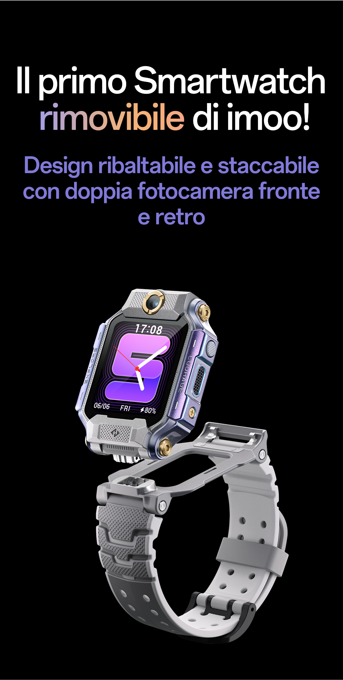 imoo Smartwatch X10 mit abnehmbarem Flip-Design und Dual-Kameras auf Vorder- und Rückseite, Grau und Weiß. Produktseite.