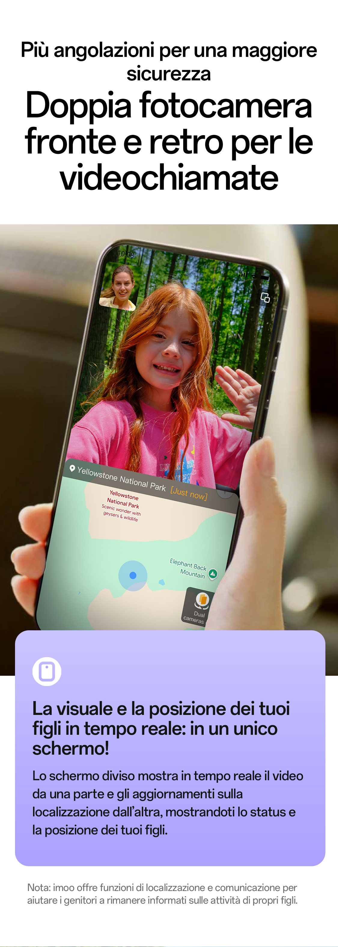 imoo Smartwatch X10: geteilter Bildschirm zeigt Videoanruf mit Kind im Wald und Standortkarte. Produktseite.