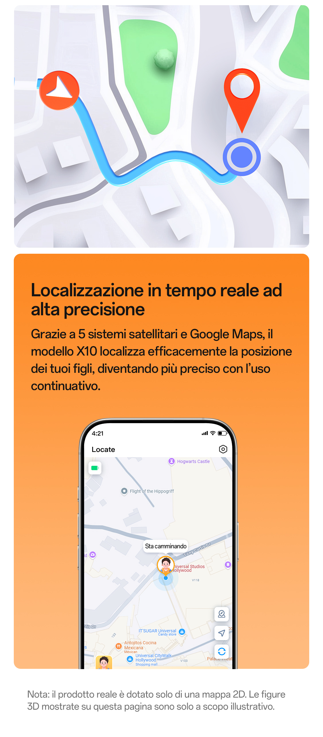 imoo Smartwatch X10: Standortverfolgung mit Karte und Kindersymbol auf dem Smartphone-Display. Produktseite.