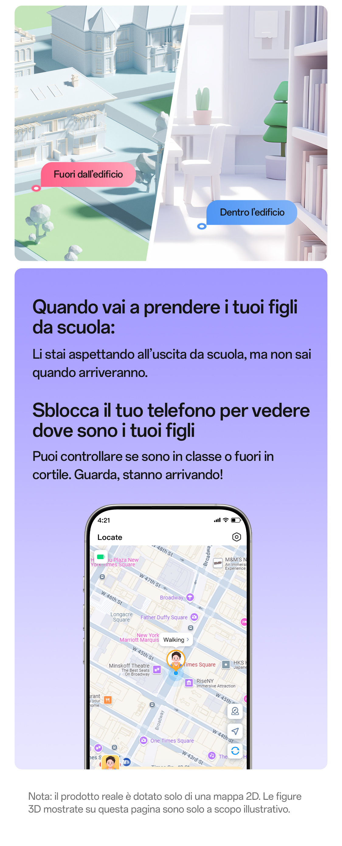 imoo Smartwatch X10 zeigt Kindesstandort auf Times Square Karte der Locate App. Produktseite.