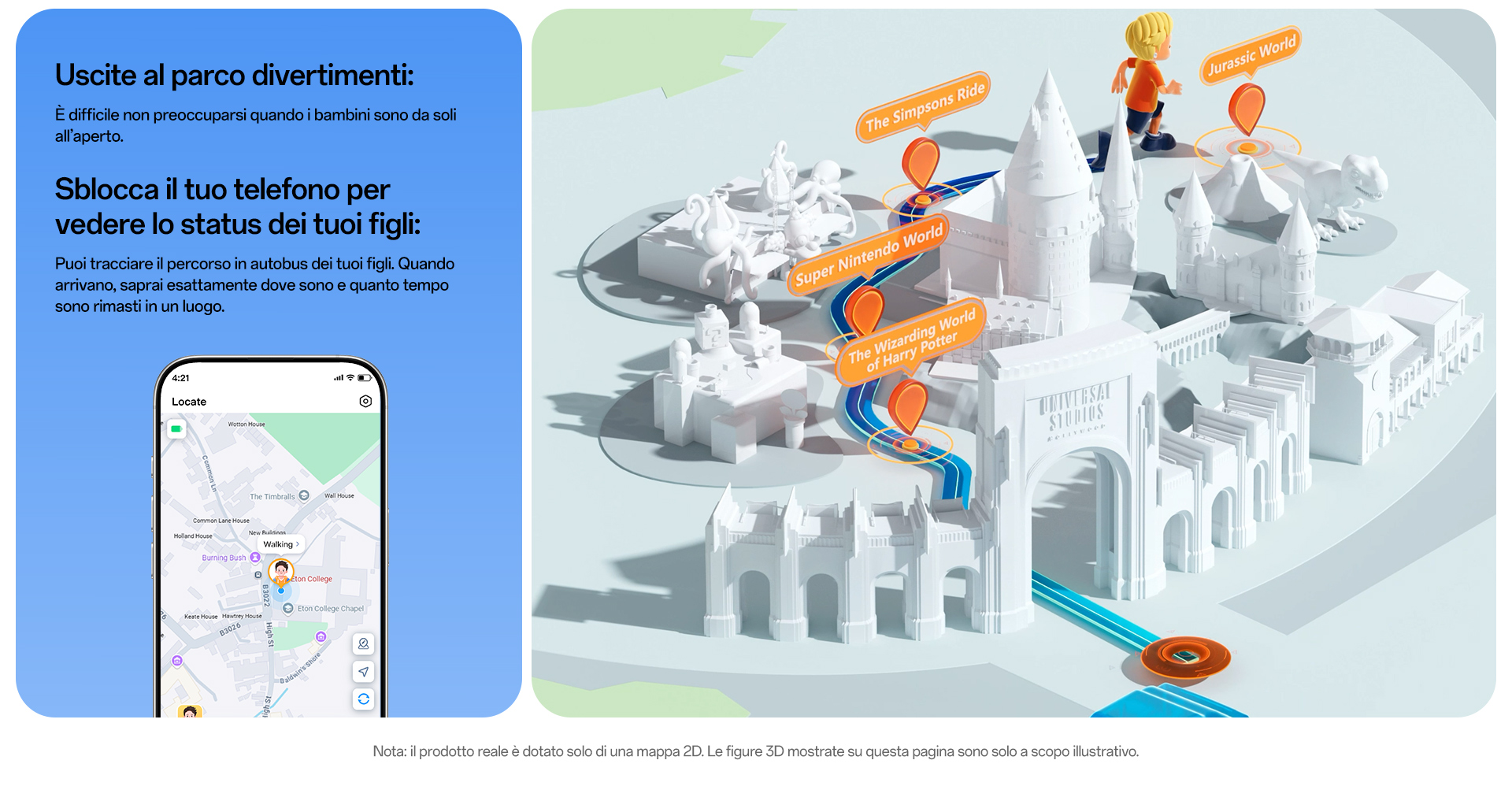 imoo Smartwatch X10 zeigt Standortverfolgung im Freizeitpark mit 'Locate'-App auf dem Smartphone. Produktseite.