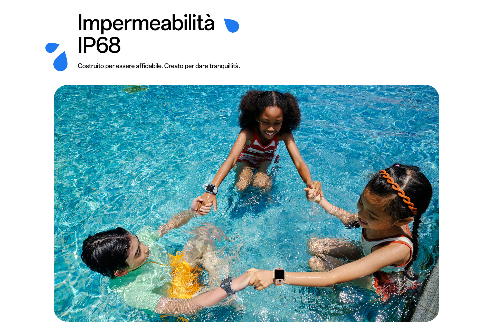imoo X10 Smartwatch zeigt Wasserdichtigkeit: Kinder spielen lachend im Pool und tragen die Uhr, Produktseite