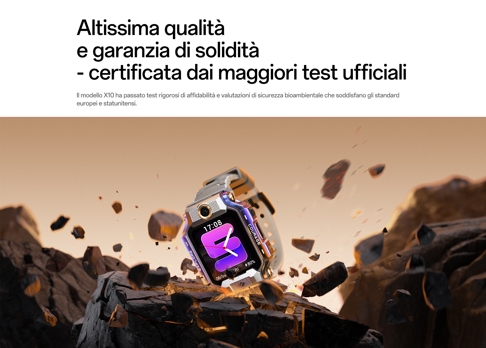 imoo Smartwatch X10, Silber, weißes Armband, dramatische Felslandschaft. Robustheit betont. Produktseite.