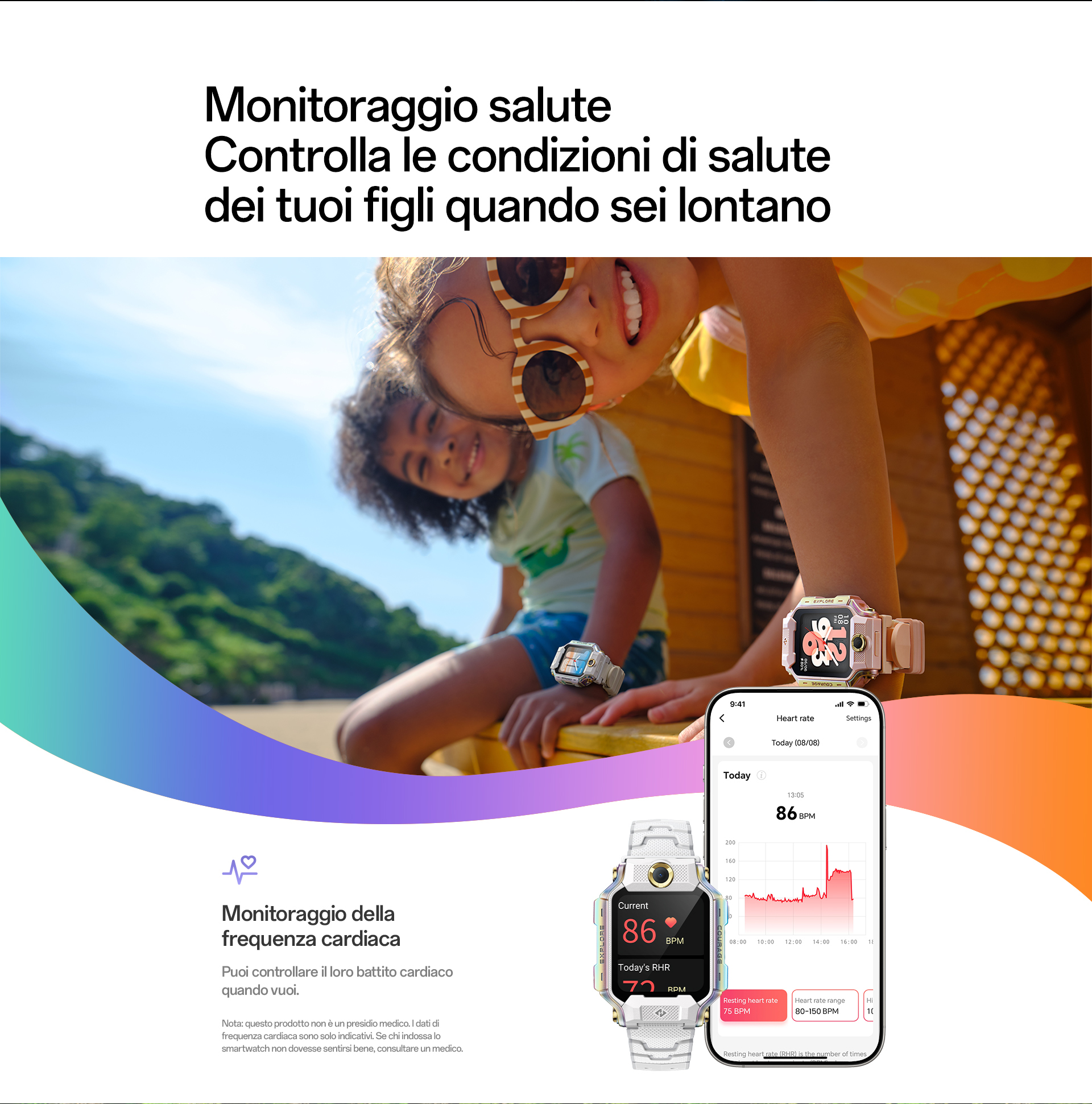 imoo Smartwatch X10 mit zwei Kindern im Freien, zeigt Herzfrequenzüberwachung auf einer Produktseite