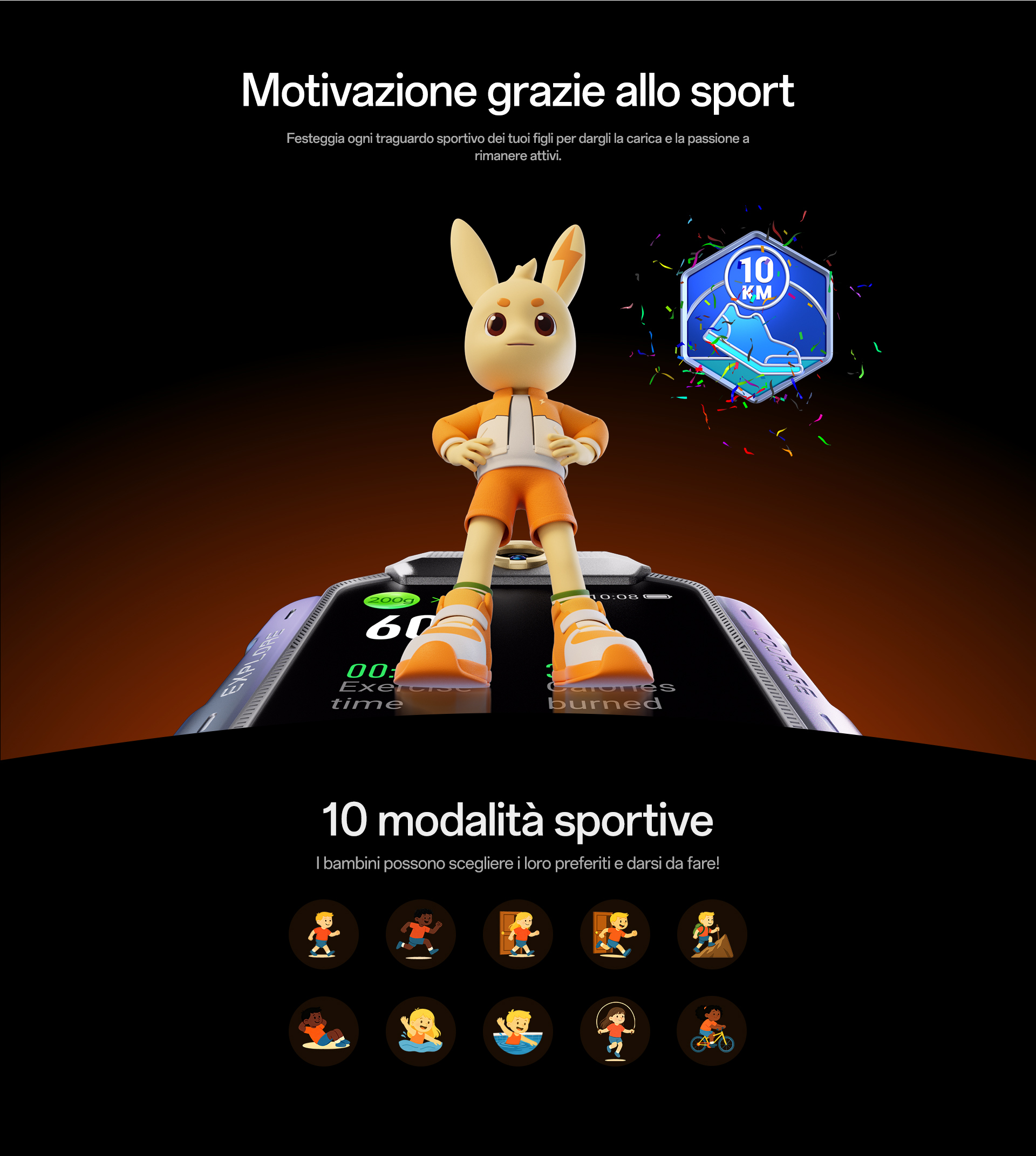 imoo Smartwatch X10 zeigt Sportmodi wie Laufen und Schwimmen, mit Cartoon-Hase und 10km Medaille. Produktseite.