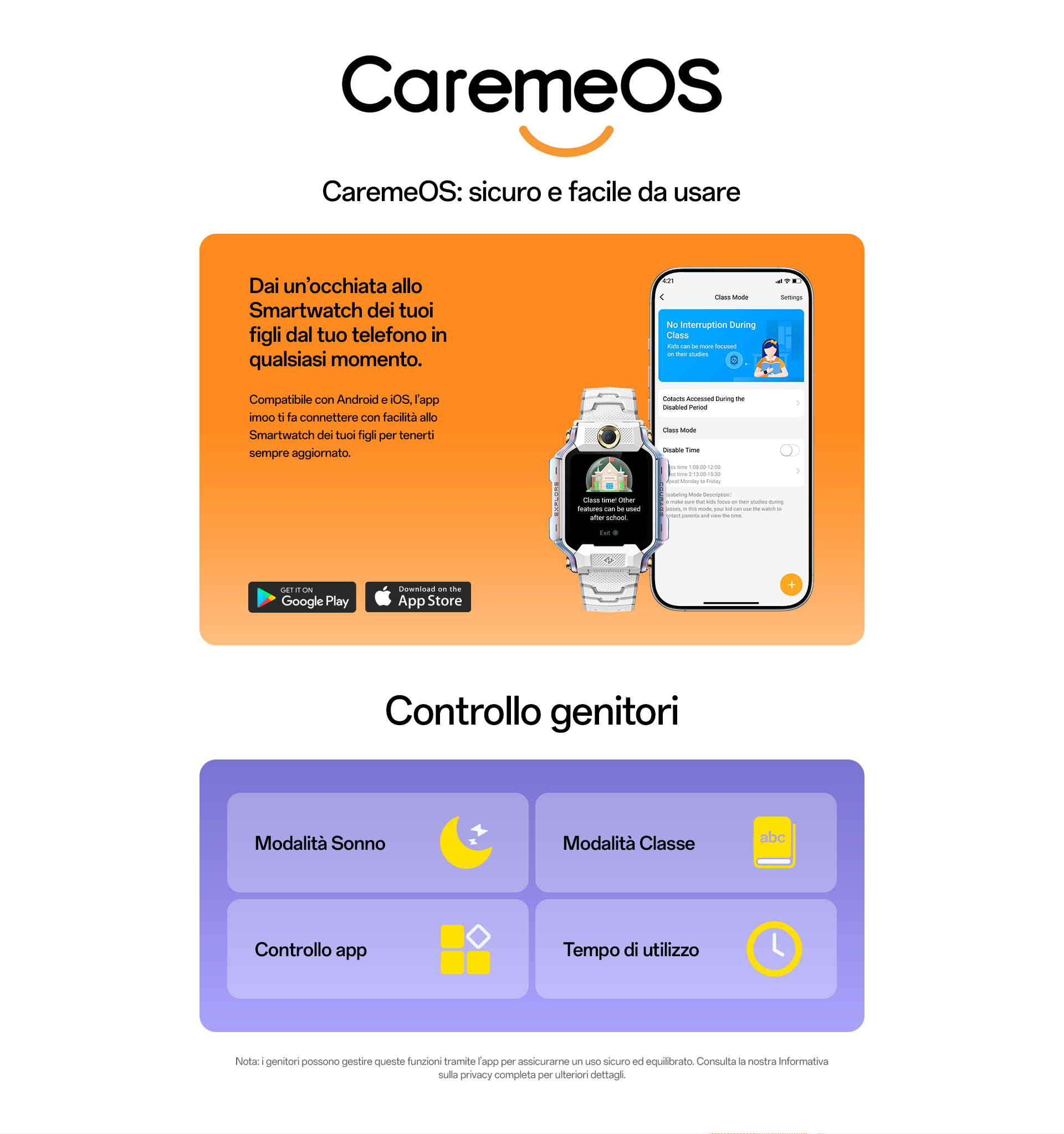 imoo Smartwatch X10 mit weißem Armband und Smartphone-App 'Class Mode' für konzentriertes Lernen auf einer Produktseite.