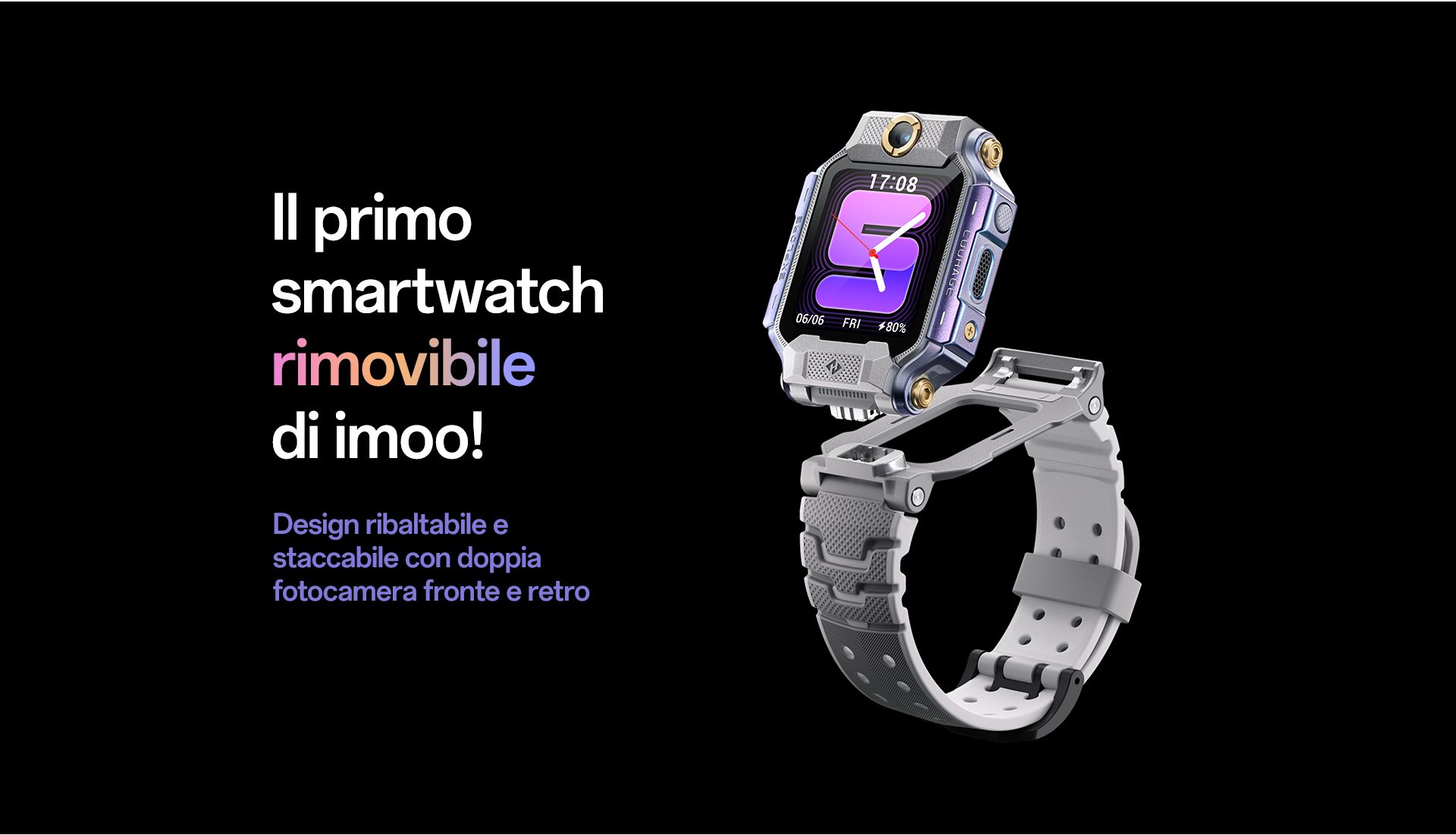 imoo Smartwatch X10 mit abnehmbarem Flip-Design und Dual-Kameras für Produktpräsentation