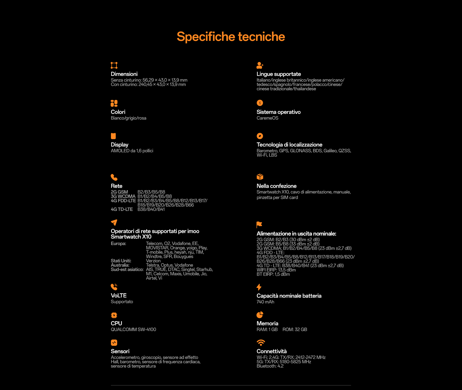 imoo Smartwatch X10 Specs: Abmessungen, Farben, Display, Netzwerk, Sprachen, Ortung, Akku, Speicher.