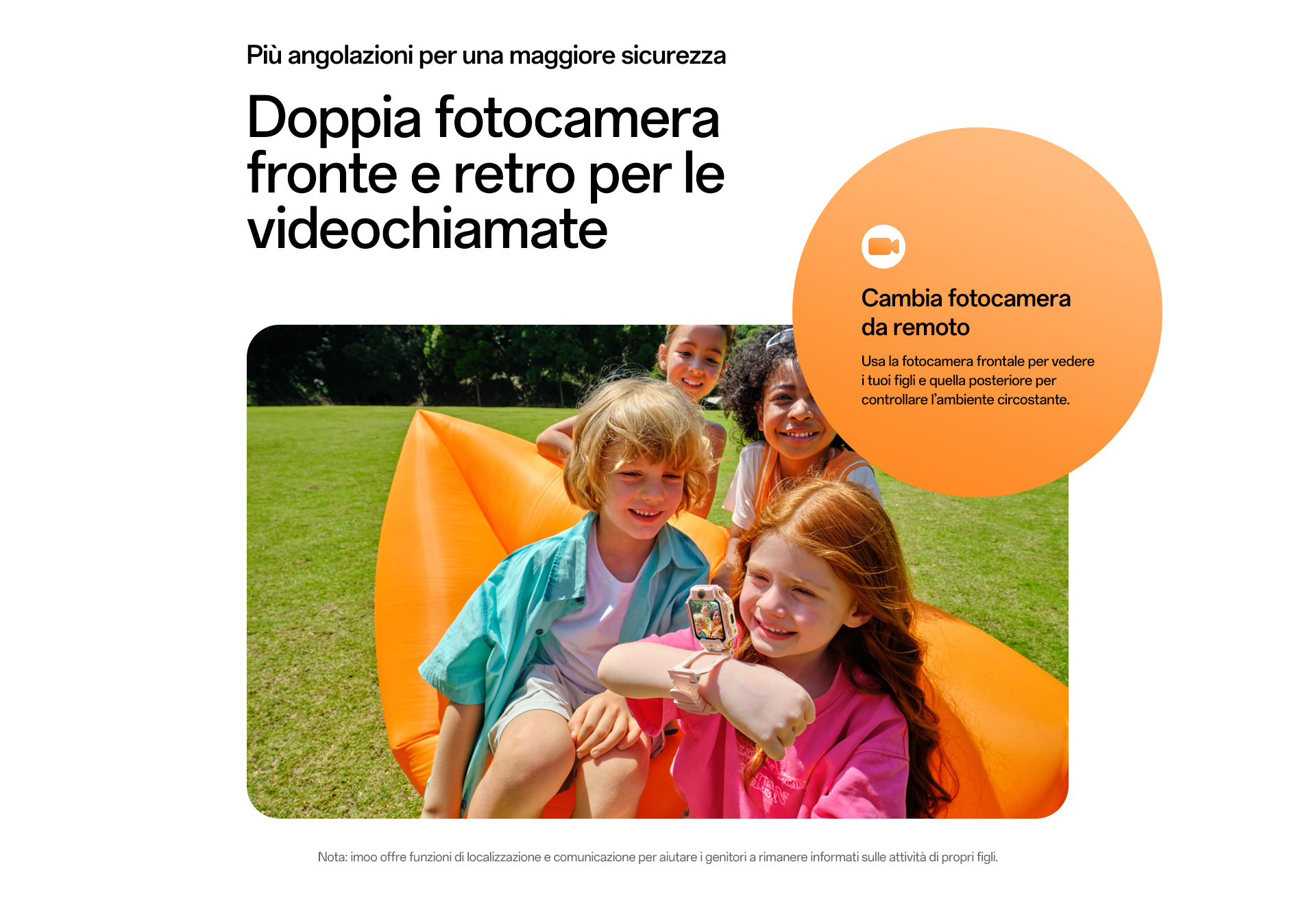 imoo X10 Smartwatch mit rosa Armband zeigt Videoanruf, Kinder lachen auf Luftmatratze. Produktseite.