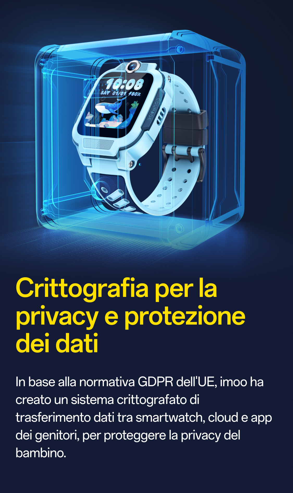 imoo Smartwatch Z3 (hellblau) mit Wal-Zifferblatt in blauer Hülle. 'Verschlüsselung & Datenschutz' betont Sicherheit.