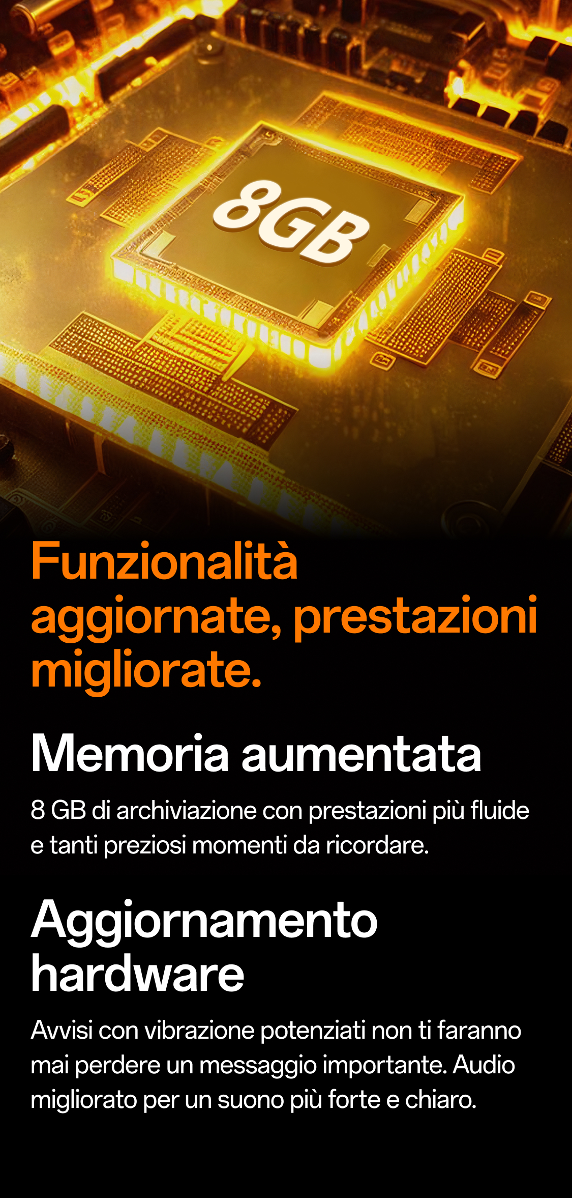 Goldener 8GB Mikrochip hervorhebt verbesserte Leistung und mehr Speicherplatz der imoo Z3 Smartwatch.