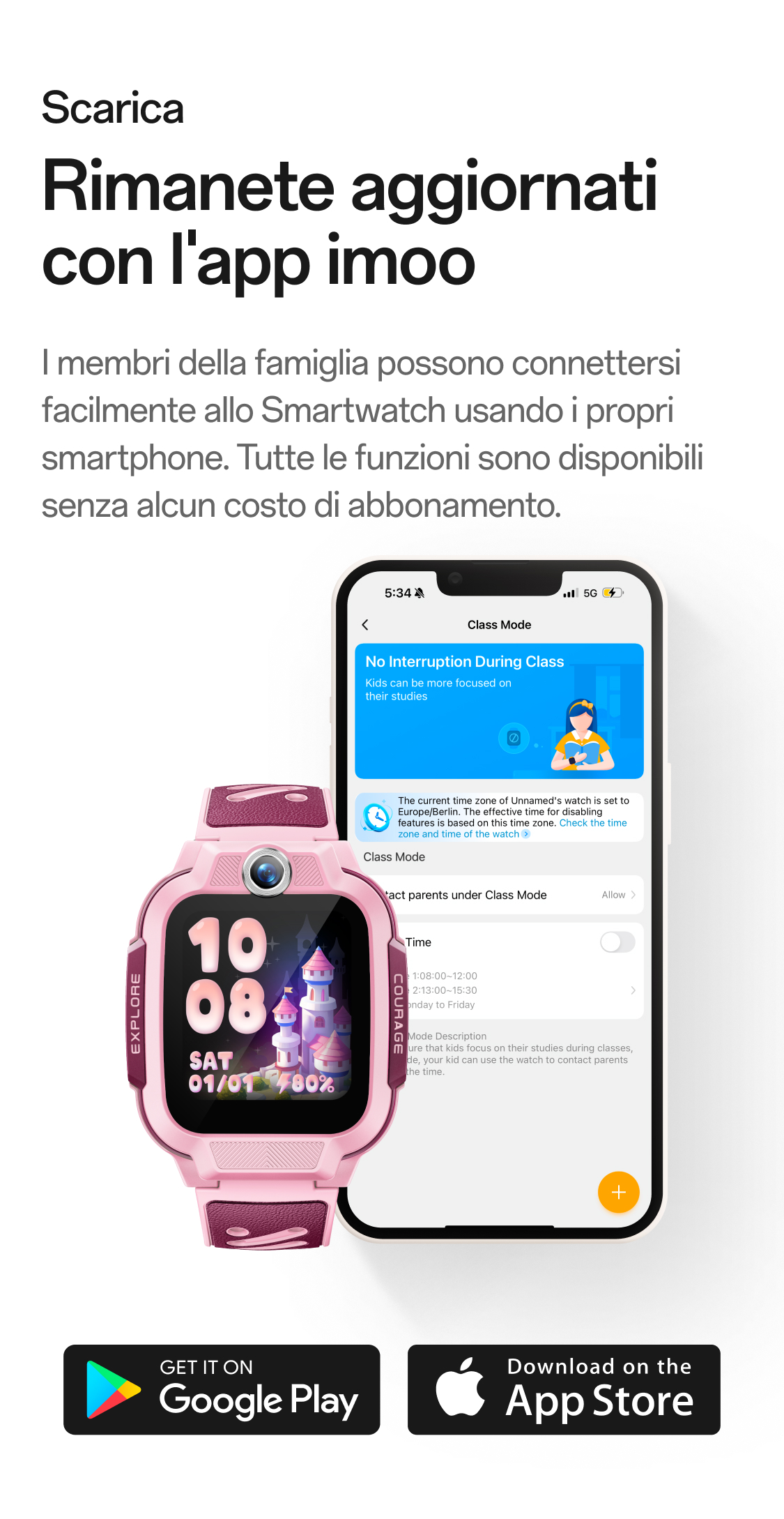 imoo Smartwatch Z3 Lieferumfang: hellblaue Uhr, Verpackung, Ladekabel, Anleitung, SIM-Öffner. Produktseite.