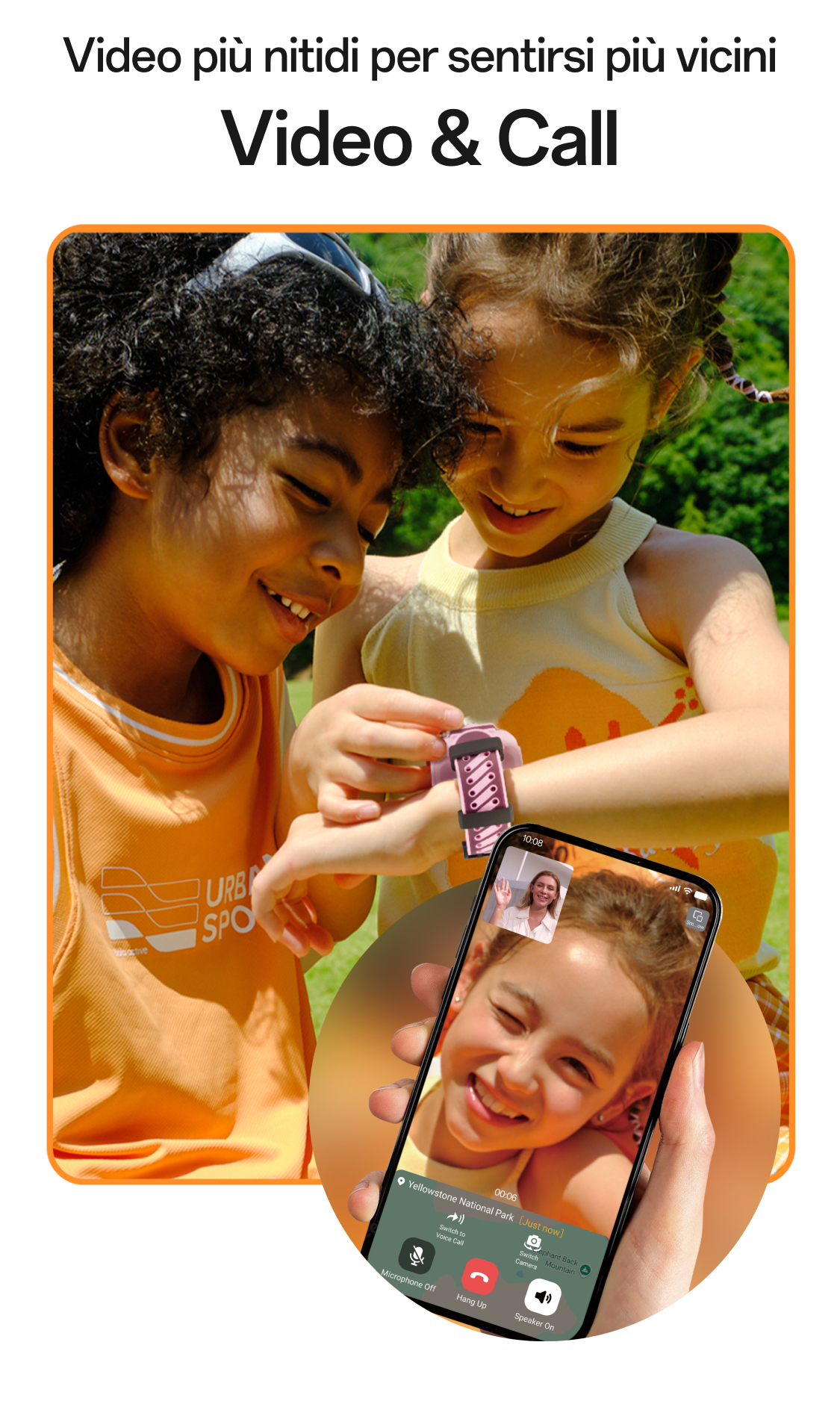 Zwei Kinder, ein Mädchen mit imoo Z3 Smartwatch in Rosa, videoanrufer via Smartphone. Produktseite.