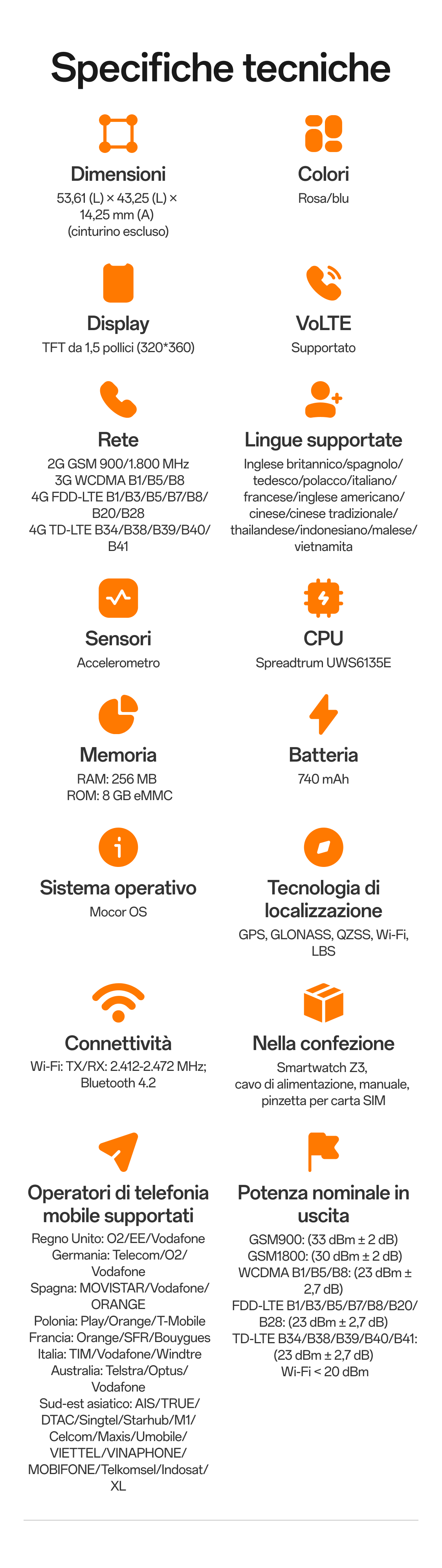 Note su imoo Smartwatch Z3: informazioni sul prodotto e condizioni d'uso su sfondo arancione