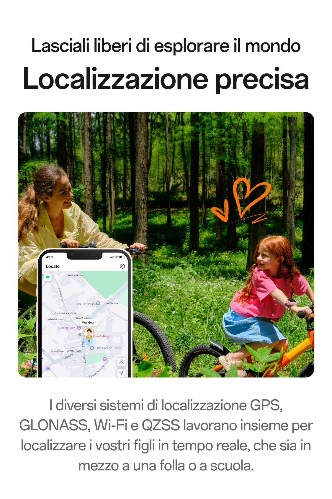 imoo Z3: Kindersicherheit beim Radfahren im Wald. Handy zeigt 'Locate' App, Kind mit Uhr ist genau verfolgbar.