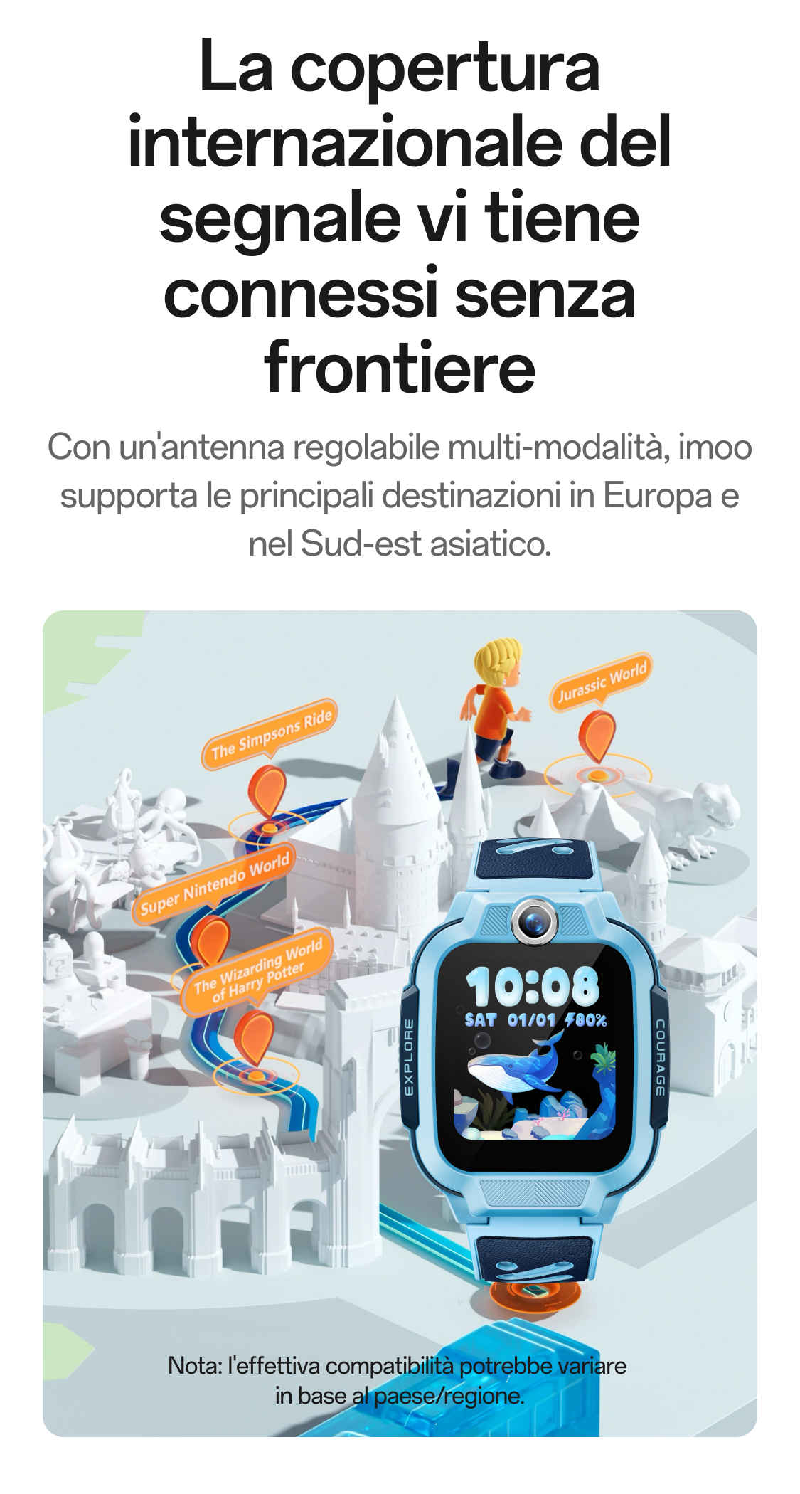 imoo Z3 globale Netzabdeckung: Weltkarte mit orangefarbenen Standort-Pins und leuchtenden Verbindungen. Produktseite.