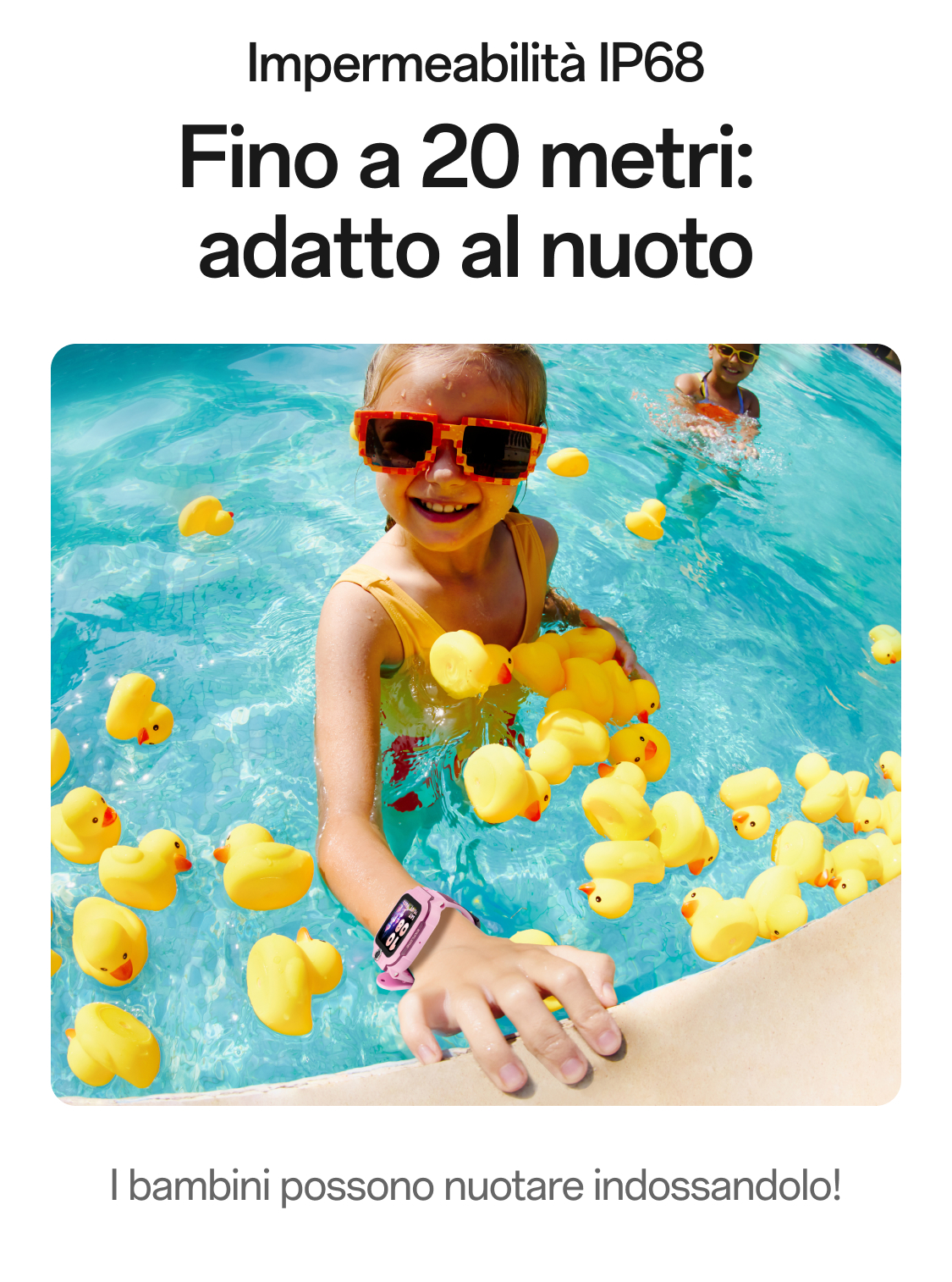 imoo Smartwatch Z3 rosa zeigt IP68 Wasserbeständigkeit beim Schwimmen im Pool mit Quietscheentchen, Produktseite