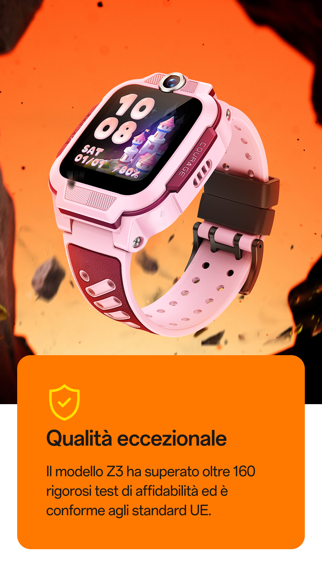 imoo Smartwatch Z3 Rosa Kinder-Smartwatch mit Burg-Zifferblatt, 'Hervorragende Qualität' Banner.