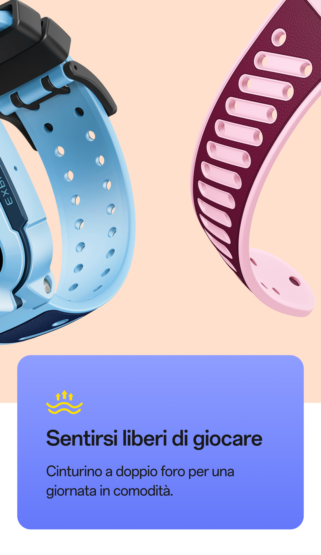 imoo Z3 Kinderuhr Armbänder: Hellblau und Bordeauxrot mit Doppel-Loch-Design für ganztägigen Tragekomfort. Produktseite.