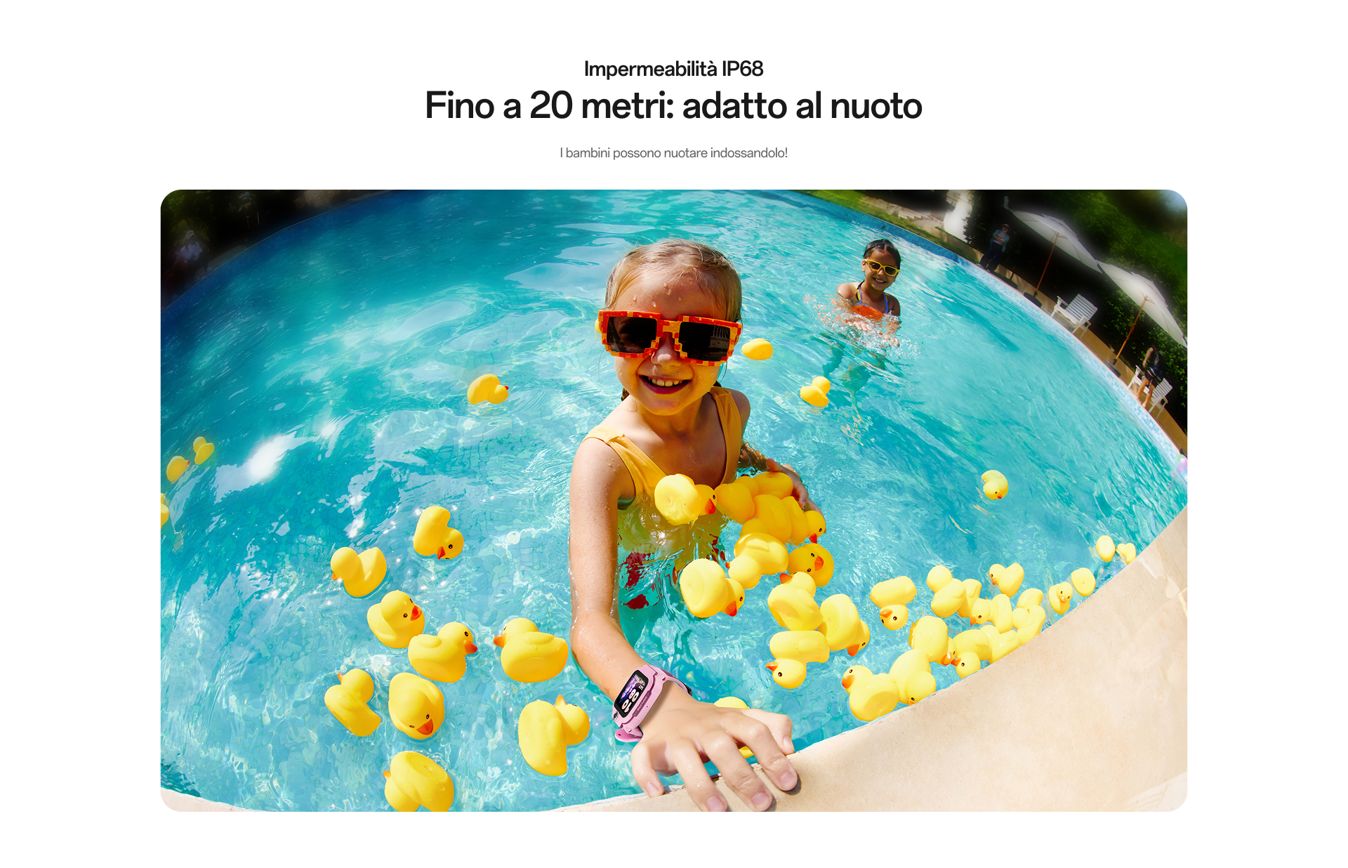 imoo Smartwatch Z3 mit IP68 Wasserbeständigkeit: Mädchen spielen im Pool mit Gummienten, geeignet zum Schwimmen