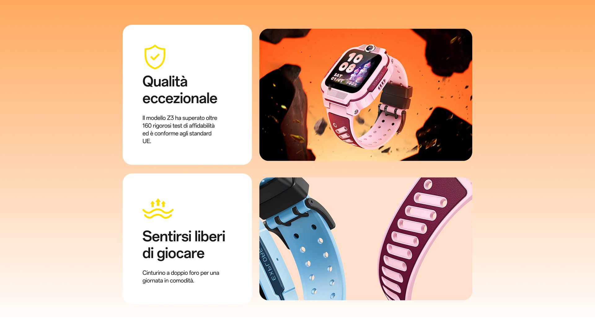 imoo Smartwatch Z3 Pink/Blue: Robust, comfortable strap with double-hole design. Product page feature.