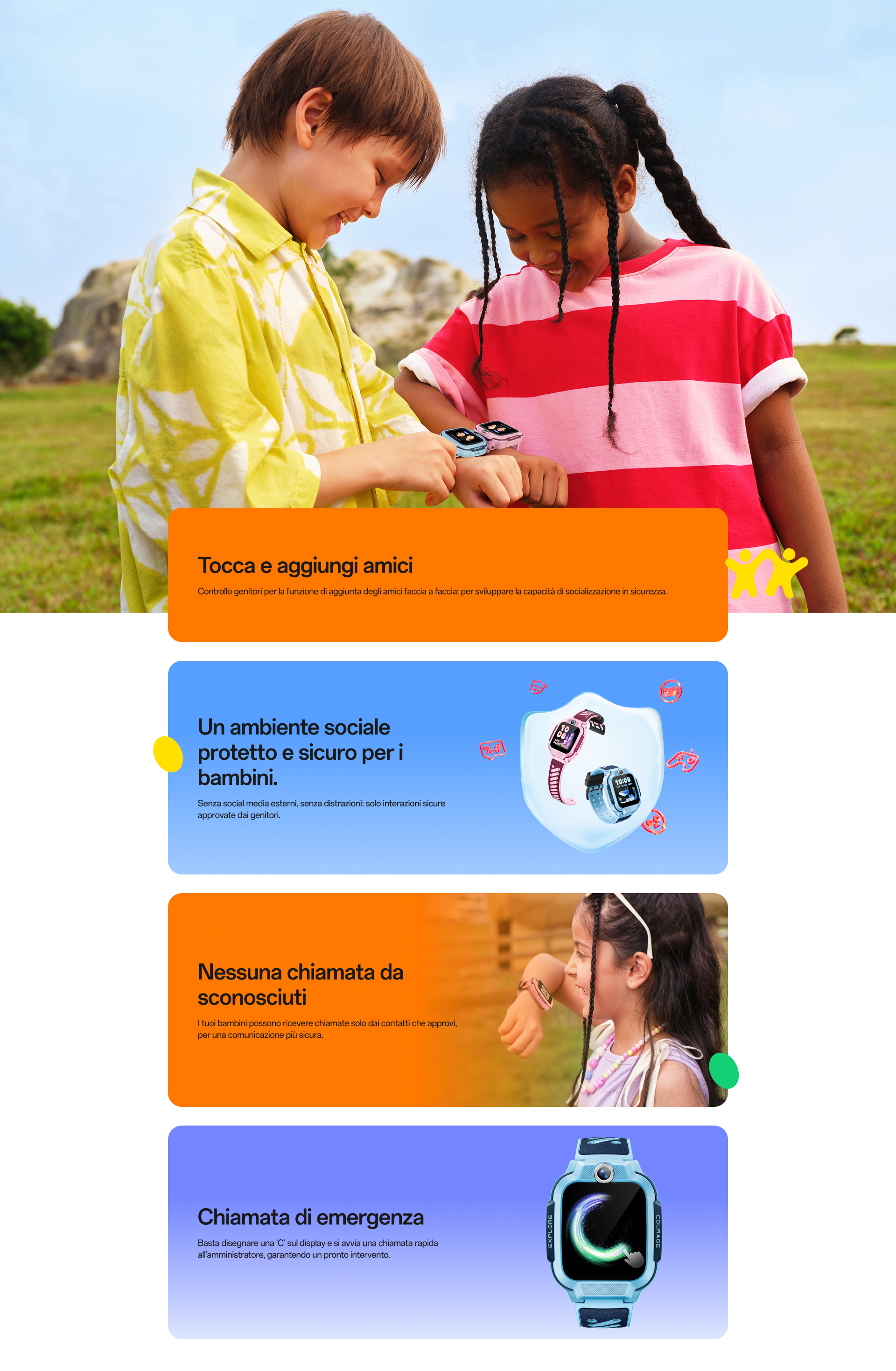 imoo Smartwatch Z3: Junge und Mädchen fügen im Freien Freunde über die blau-rosa Smartwatch hinzu