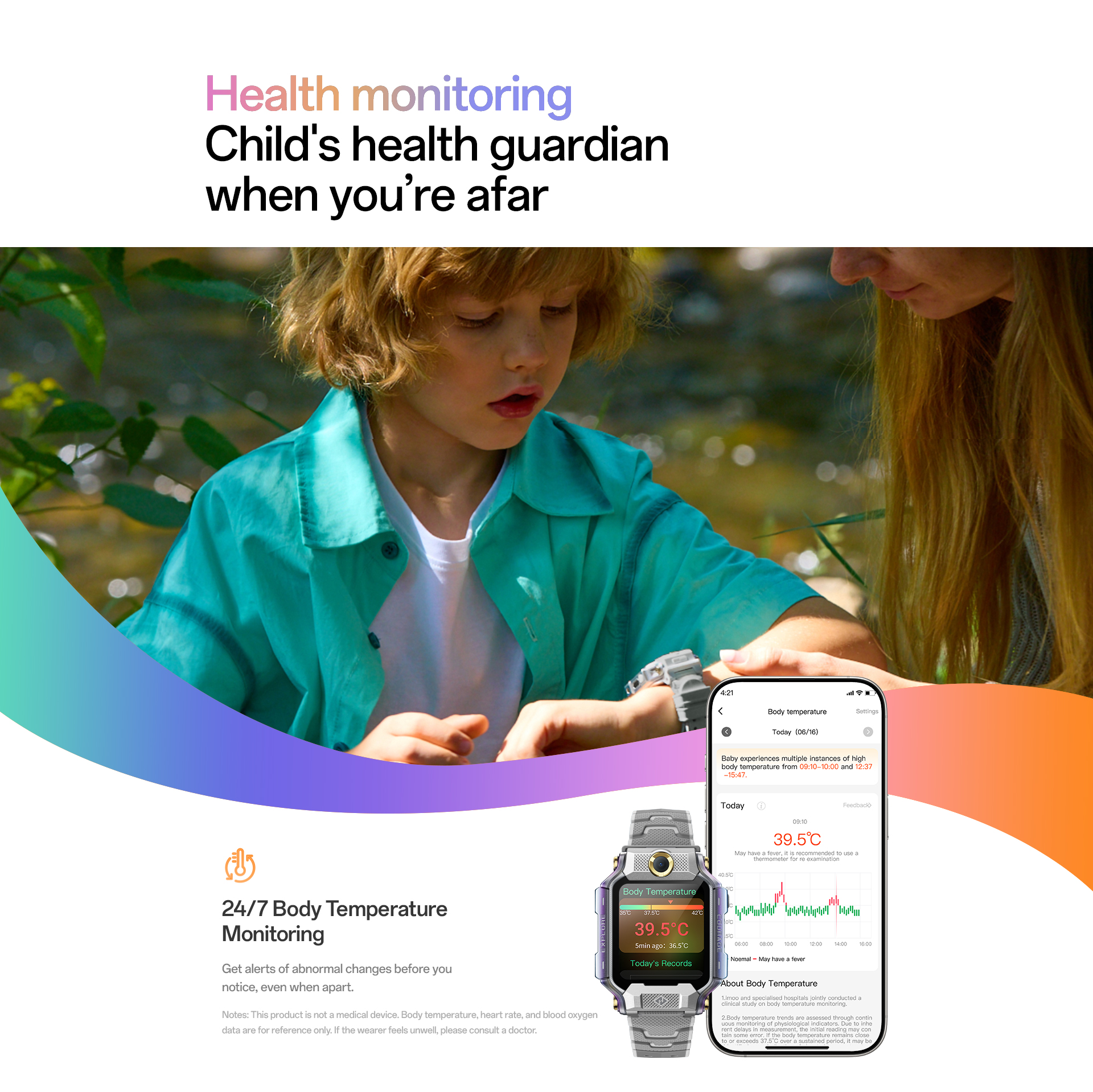 Health monitoring, 24/7 body temperature monitoring, abnormal alerts