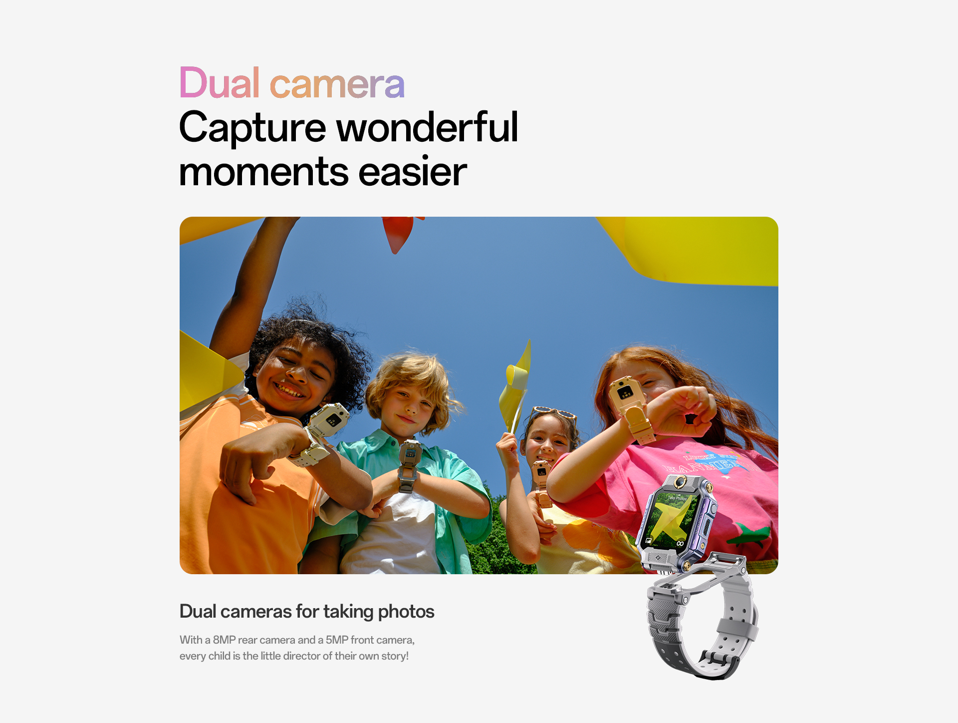 Dual cameras, 8MP rear camera, 5MP front camera, photo capture