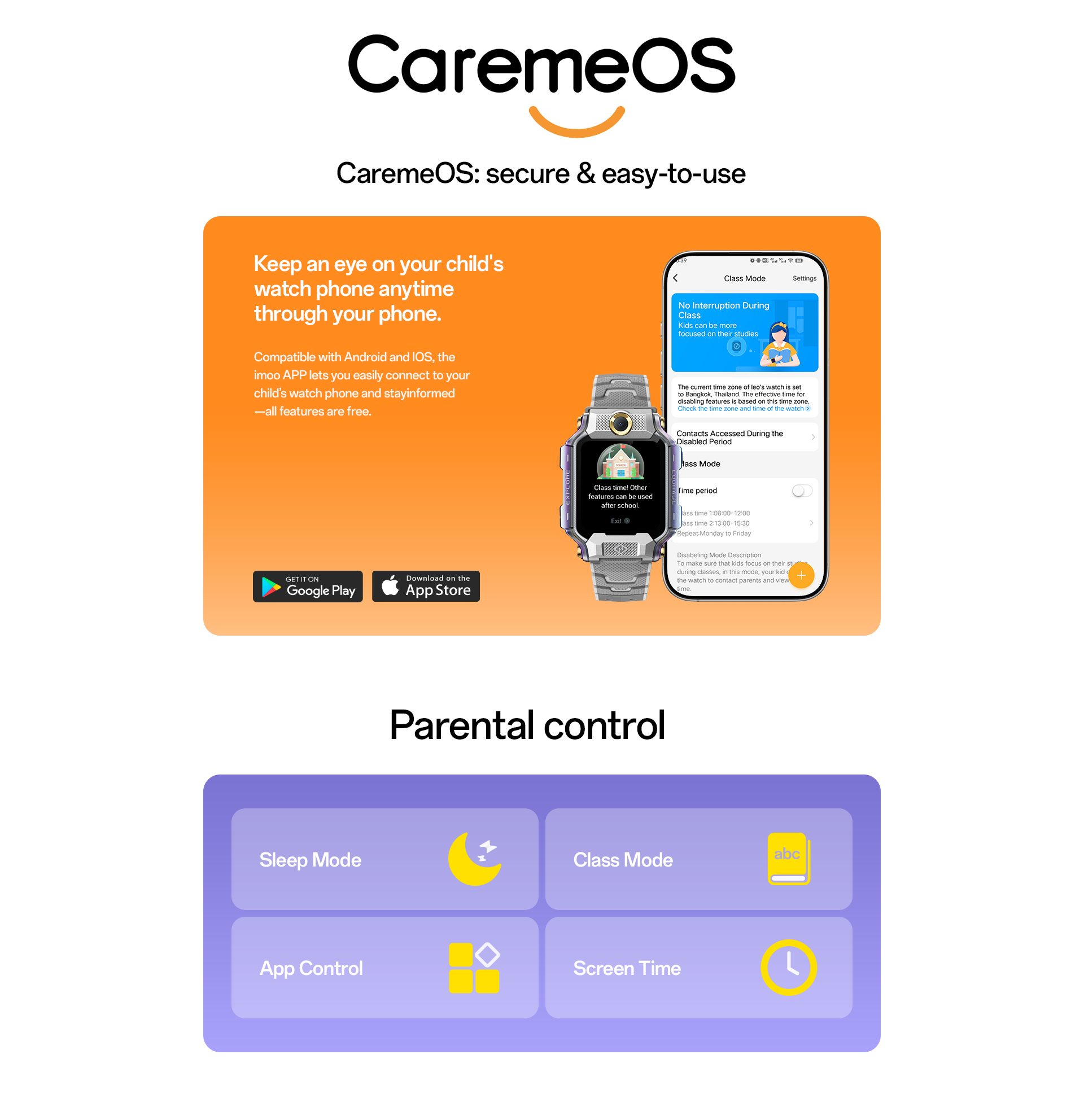 CaremeOS, Android and iOS compatibility, imoo app, parental control, sleep mode, class mode, app control, screen time