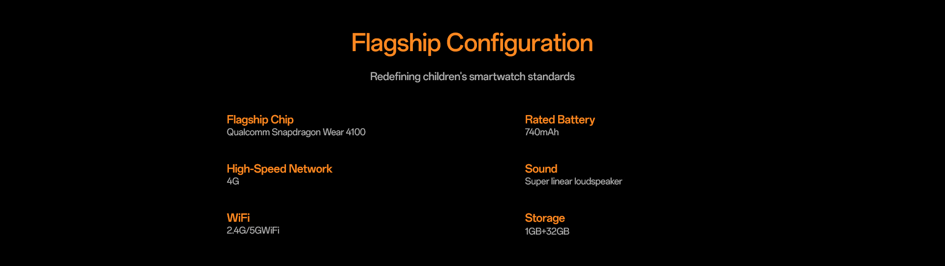 Flagship configuration, Snapdragon Wear 4100, 740mAh battery, 4G, loudspeaker, WiFi, 1GB RAM, 32GB storage