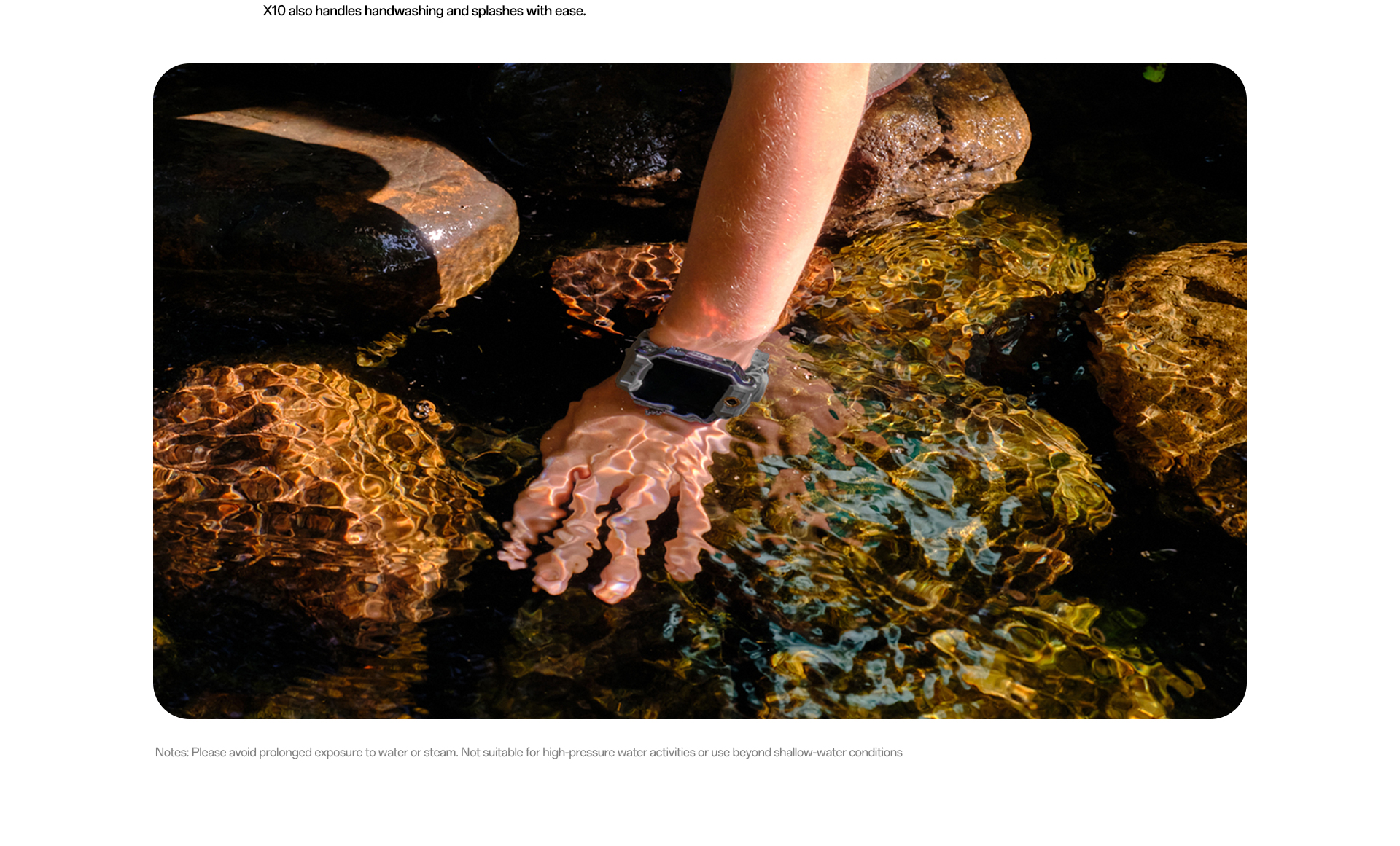 Handwashing resistant, splash resistant, avoid prolonged water or steam exposure