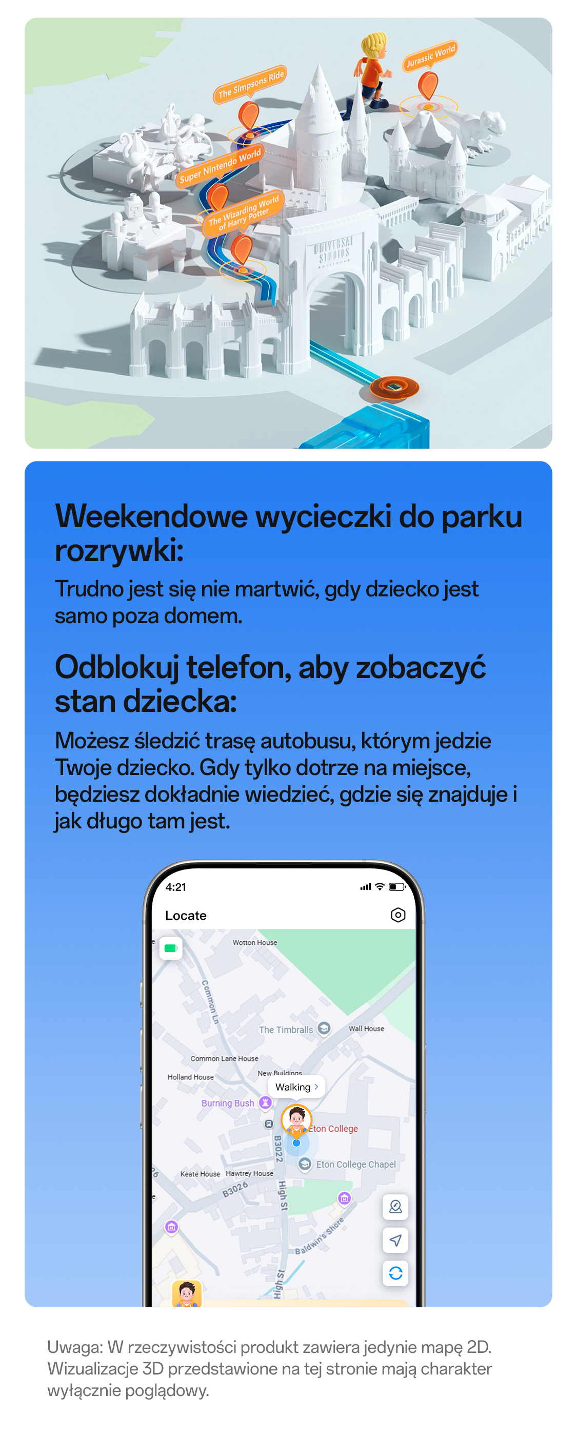 imoo Watch Phone X10 Standortverfolgung im Freizeitpark via 'Locate'-App auf Smartphone. Produktseite.