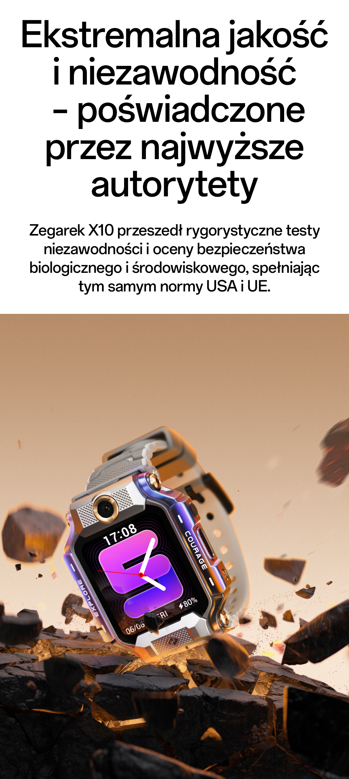 imoo Watch Phone X10 in Grau und Silber mit weißem Armband, umgeben von Gesteinsbrocken zur Hervorhebung der Robustheit.