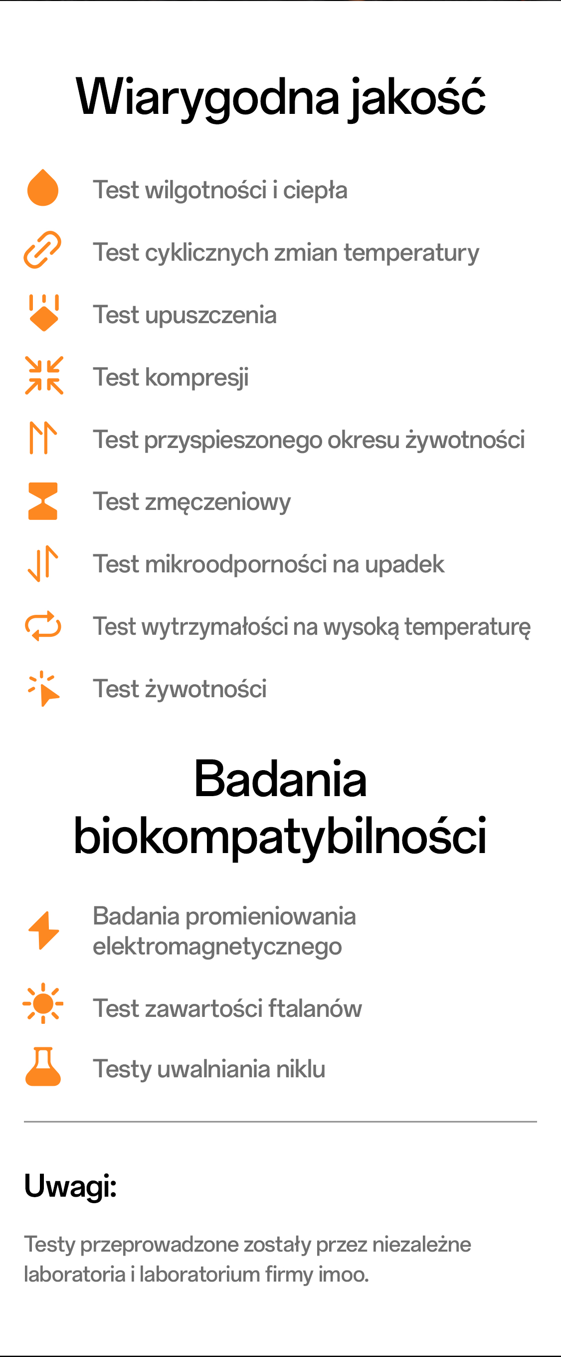 imoo Watch Phone X10 Qualitätssiegel: Liste der Zuverlässigkeits- und Biokompatibilitätstests für imoo Lab.