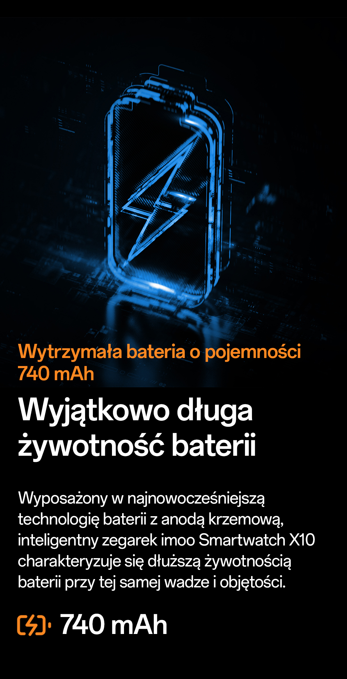 imoo Watch Phone X10: 740 mAh Akku mit Blitzsymbol, betont ultralange Laufzeit. Produktseite.