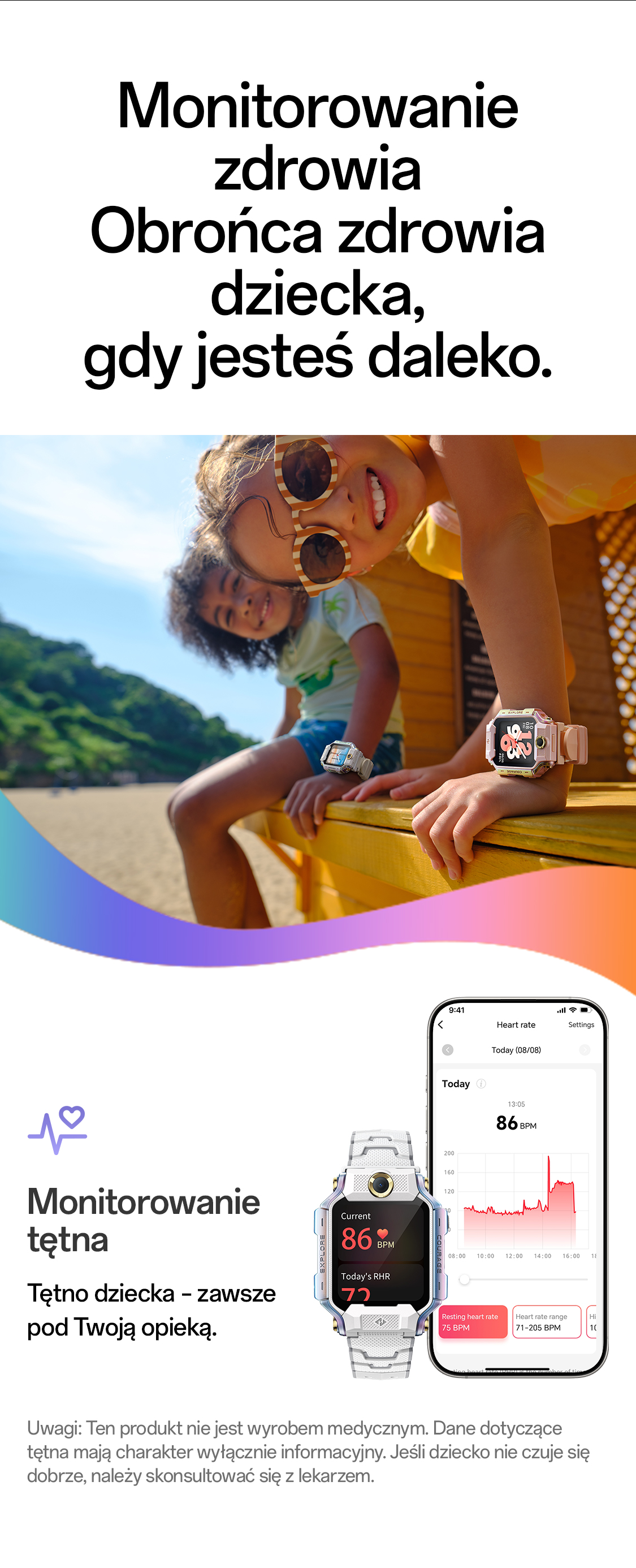 imoo Watch Phone X10 zeigt Herzfrequenzmessung bei Kindern und die dazugehörige App. Produktseite.
