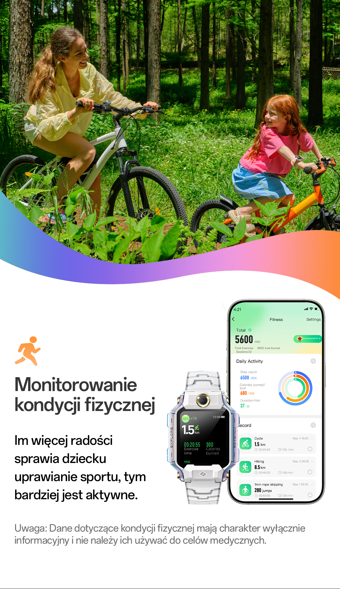 imoo Watch Phone X10 mit Mutter und Kind beim Radfahren im Wald, zeigt Fitness-Tracking auf der Produktseite.