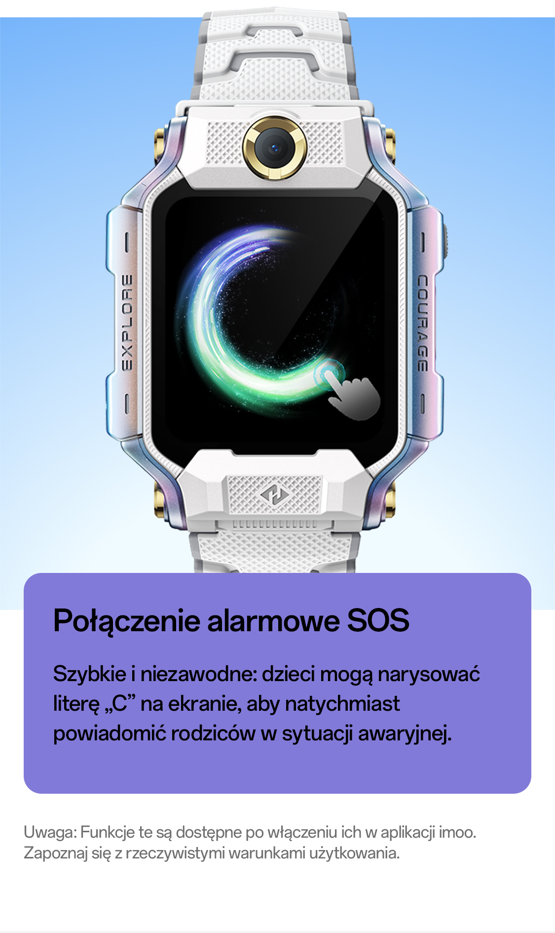 Vier Kinder mit imoo Watch Phone X10 in Rosa, Weiß und Grau zeigen Dual-Kamerafunktionen. Produktfoto.