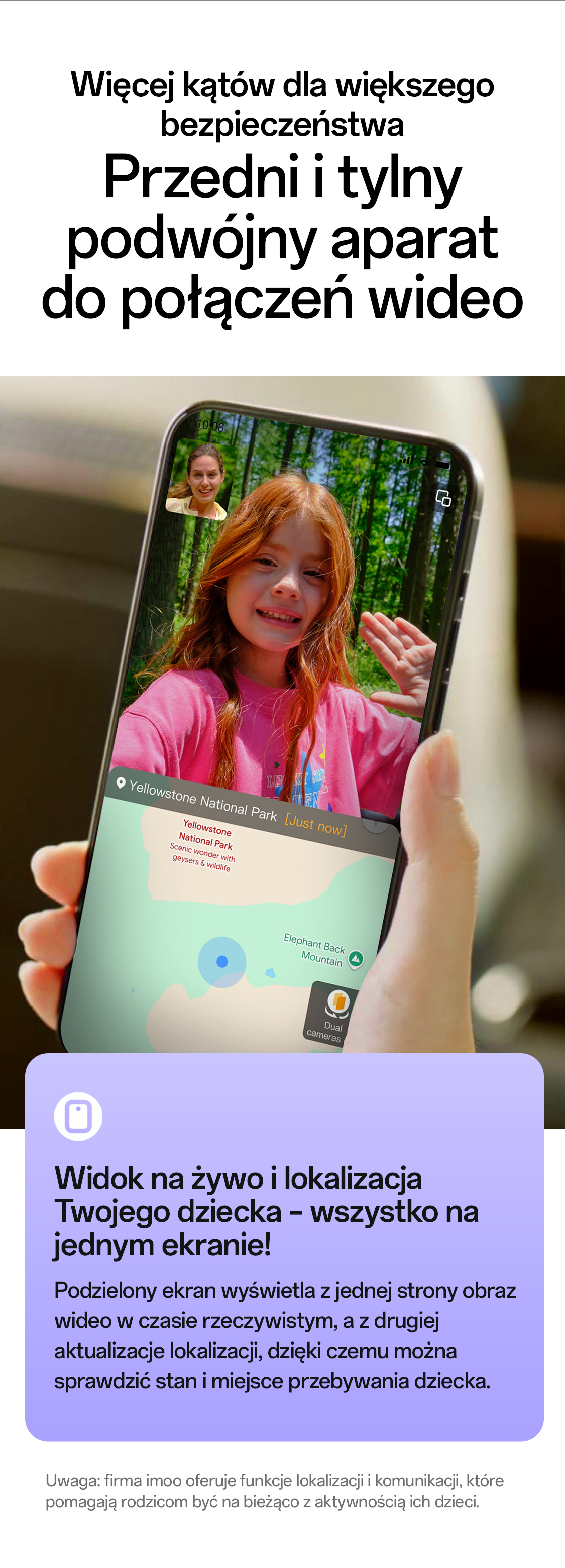 imoo Watch Phone X10: geteilter Bildschirm zeigt Videoanruf mit Kind im Wald und Standortkarte. Produktseite.