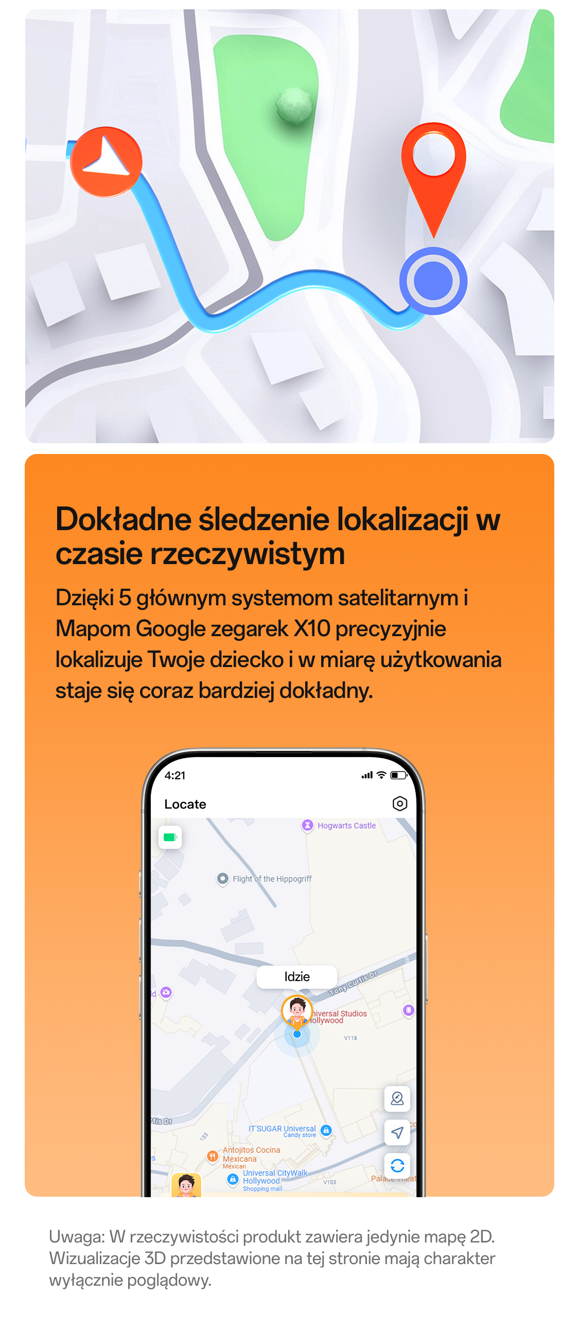 imoo Watch Phone X10: Standortverfolgung mit Karte und Kindersymbol auf dem Smartphone-Display. Produktseite.