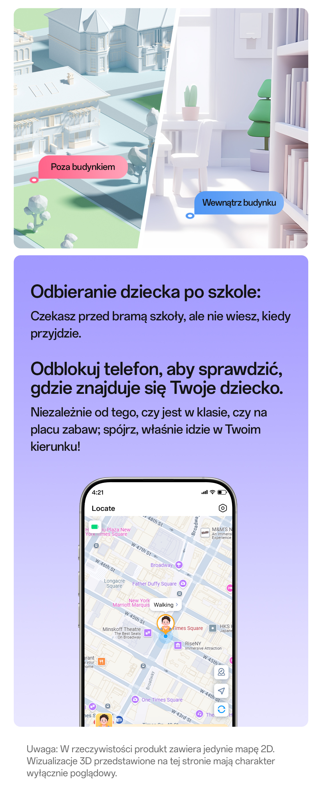 imoo Watch Phone X10 zeigt Kindesstandort auf Times Square Karte der Locate App. Produktseite.