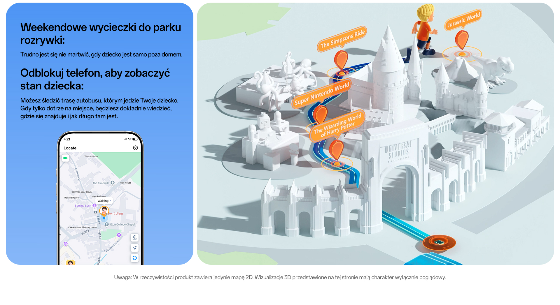 imoo Watch Phone X10 zeigt Standortverfolgung im Freizeitpark mit 'Locate'-App auf dem Smartphone. Produktseite.