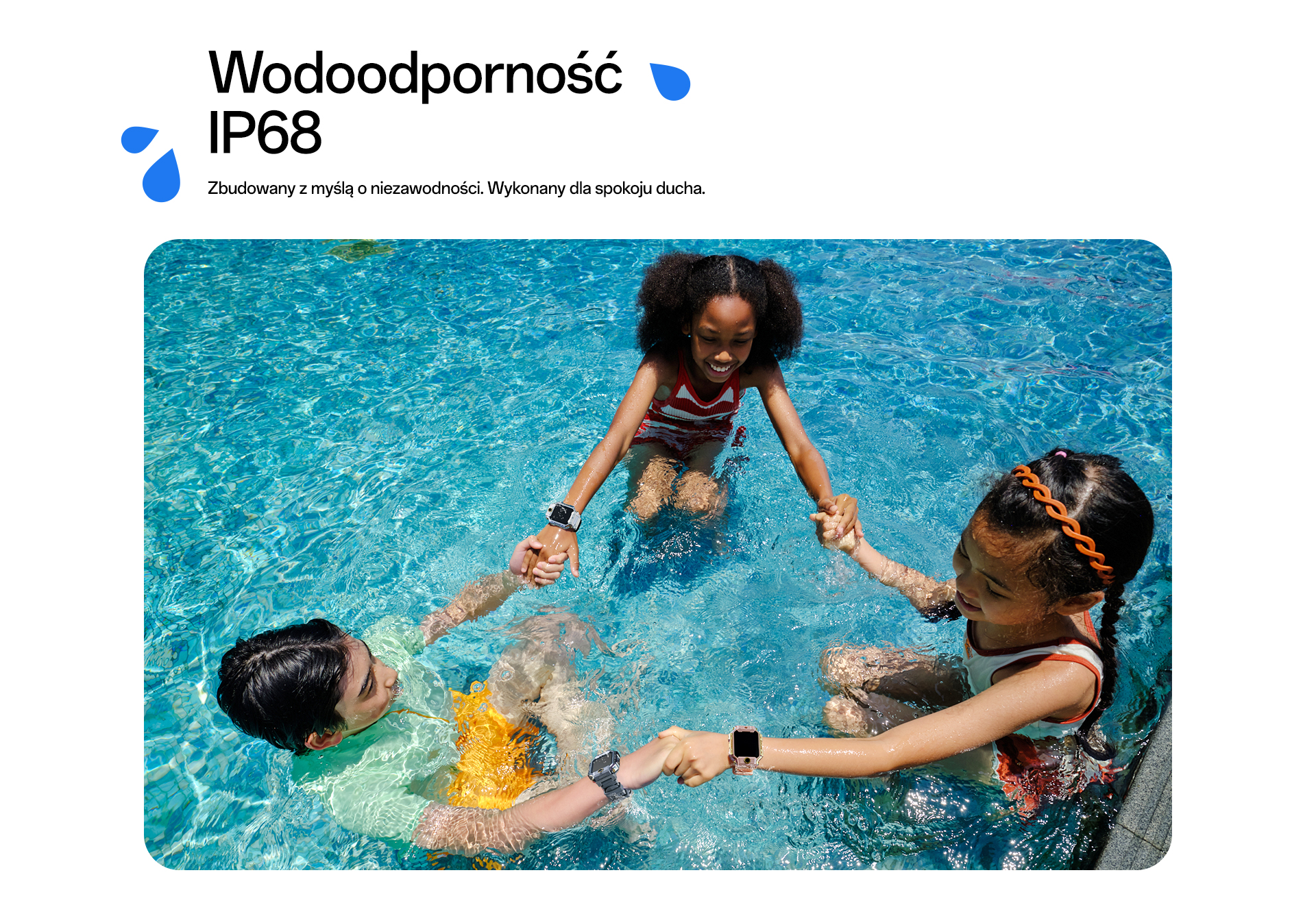 imoo X10 Smartwatch zeigt Wasserdichtigkeit: Kinder spielen lachend im Pool und tragen die Uhr, Produktseite