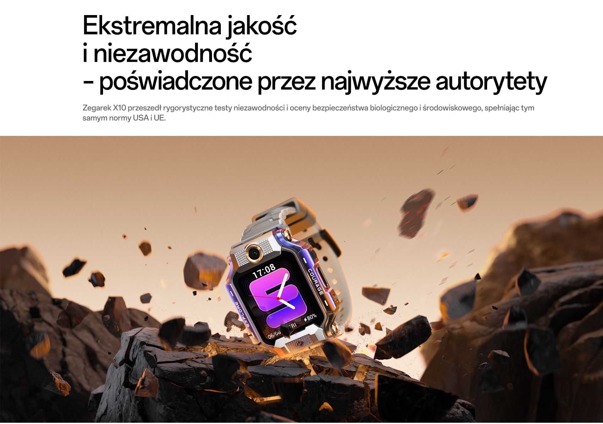 imoo Watch Phone X10, Silber, weißes Armband, dramatische Felslandschaft. Robustheit betont. Produktseite.