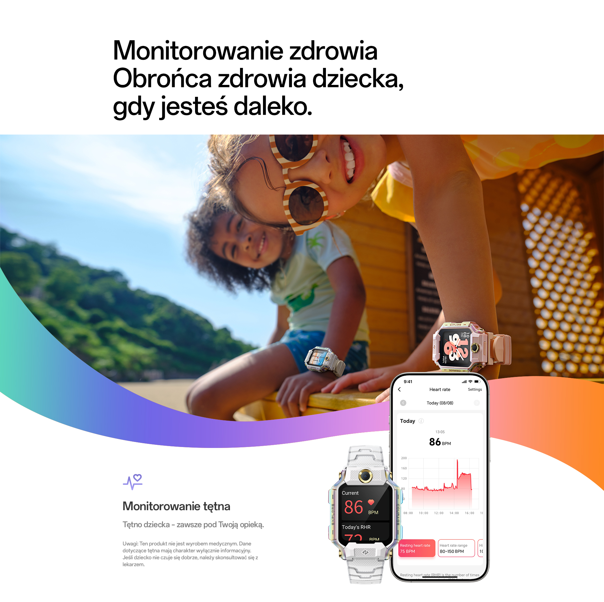 imoo Watch Phone X10 mit zwei Kindern im Freien, zeigt Herzfrequenzüberwachung auf einer Produktseite