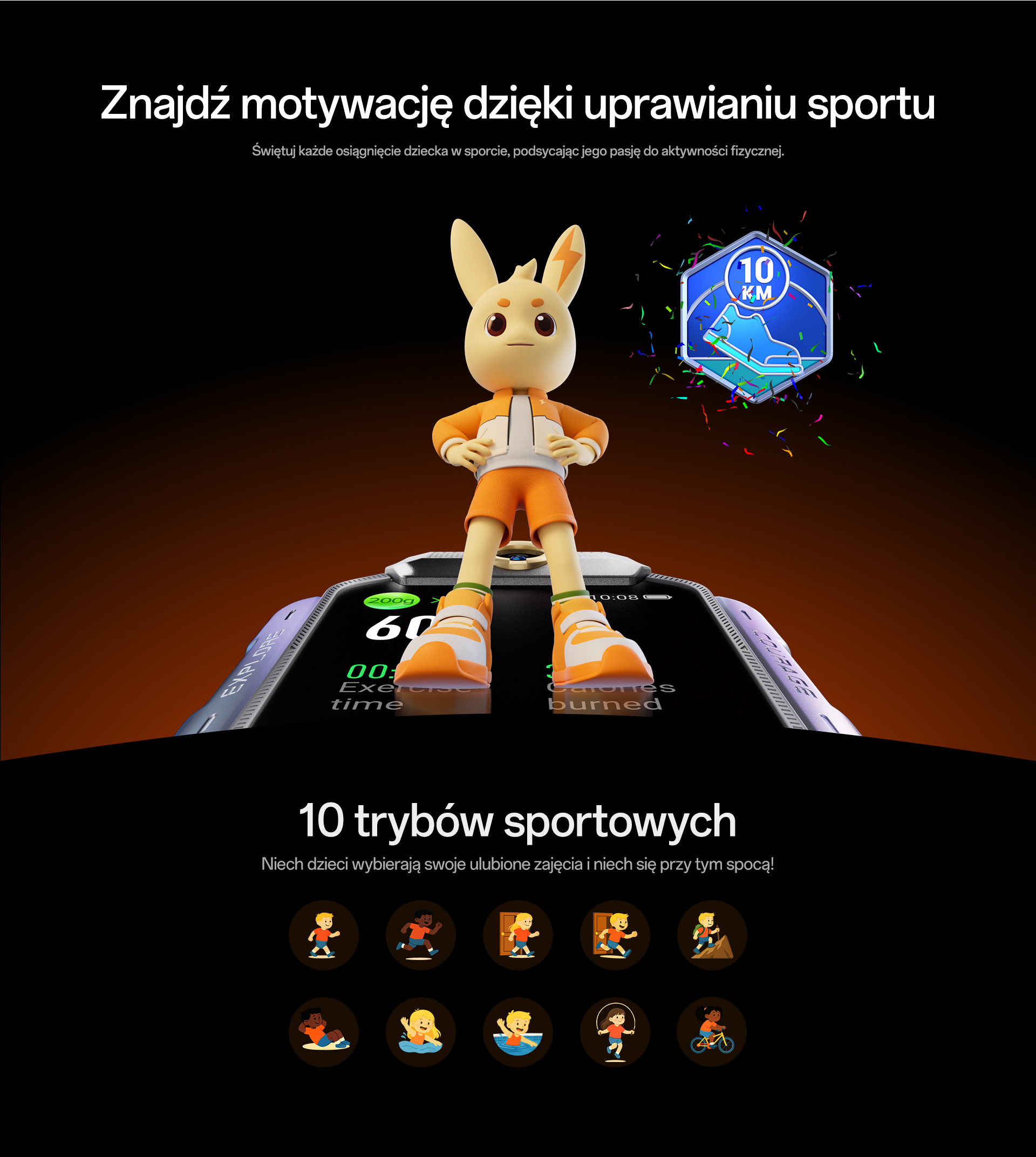 imoo Watch Phone X10 zeigt Sportmodi wie Laufen und Schwimmen, mit Cartoon-Hase und 10km Medaille. Produktseite.