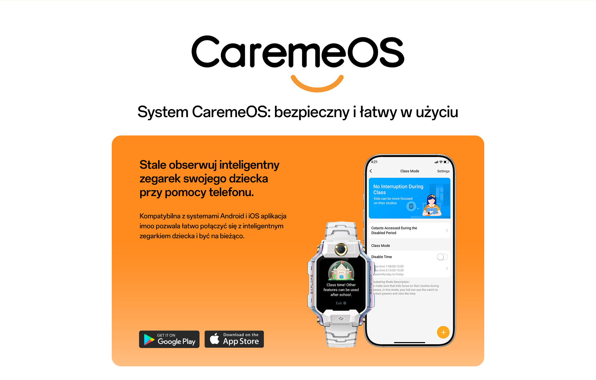 imoo Watch Phone X10 mit weißem Armband und Smartphone-App 'Class Mode' für konzentriertes Lernen auf einer Produktseite.