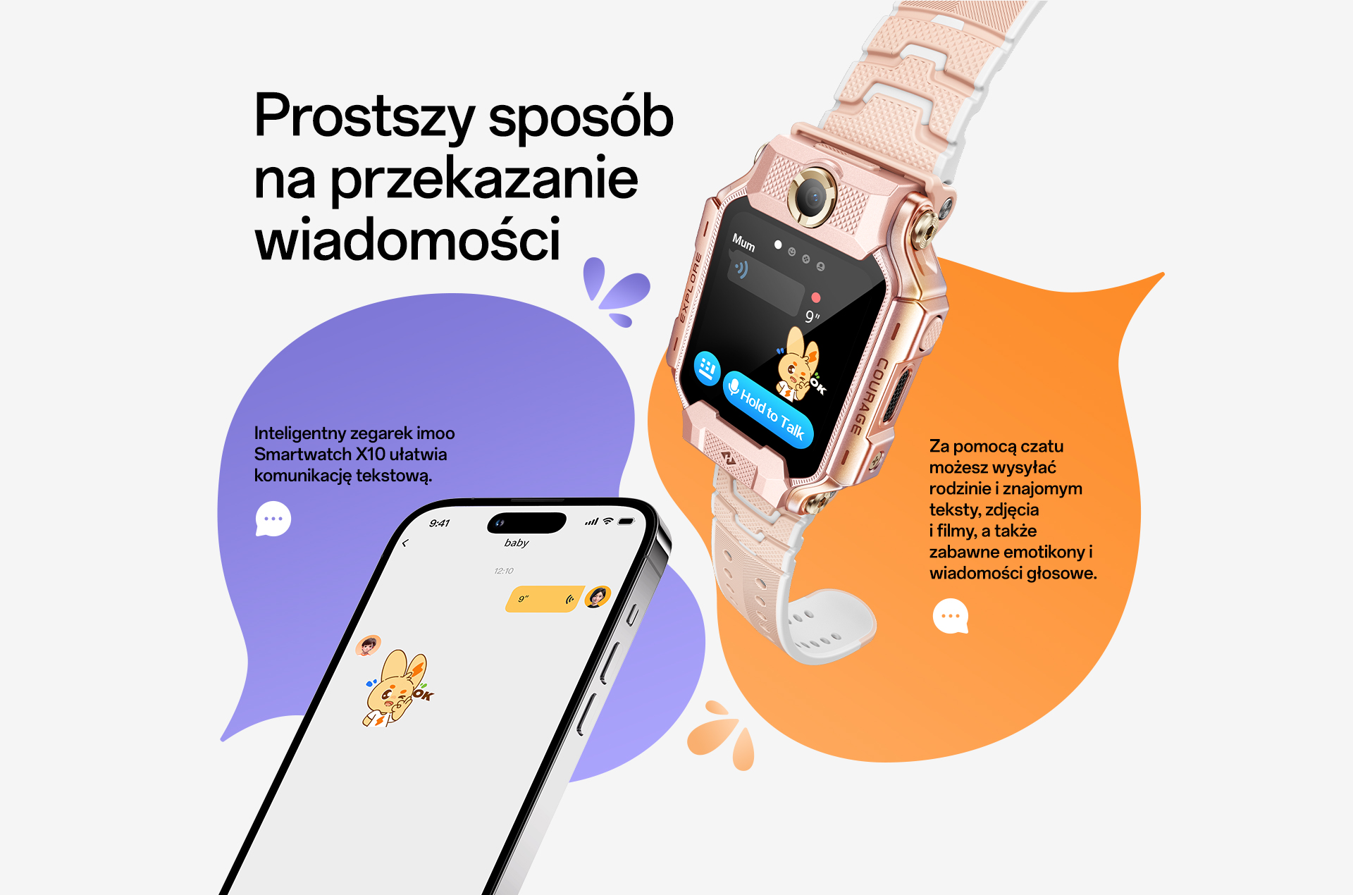 imoo Watch Phone X10 Roségold mit weißem Armband demonstriert Messaging-Funktion mit Smartphone-Chat-App, Seite: Produktseite