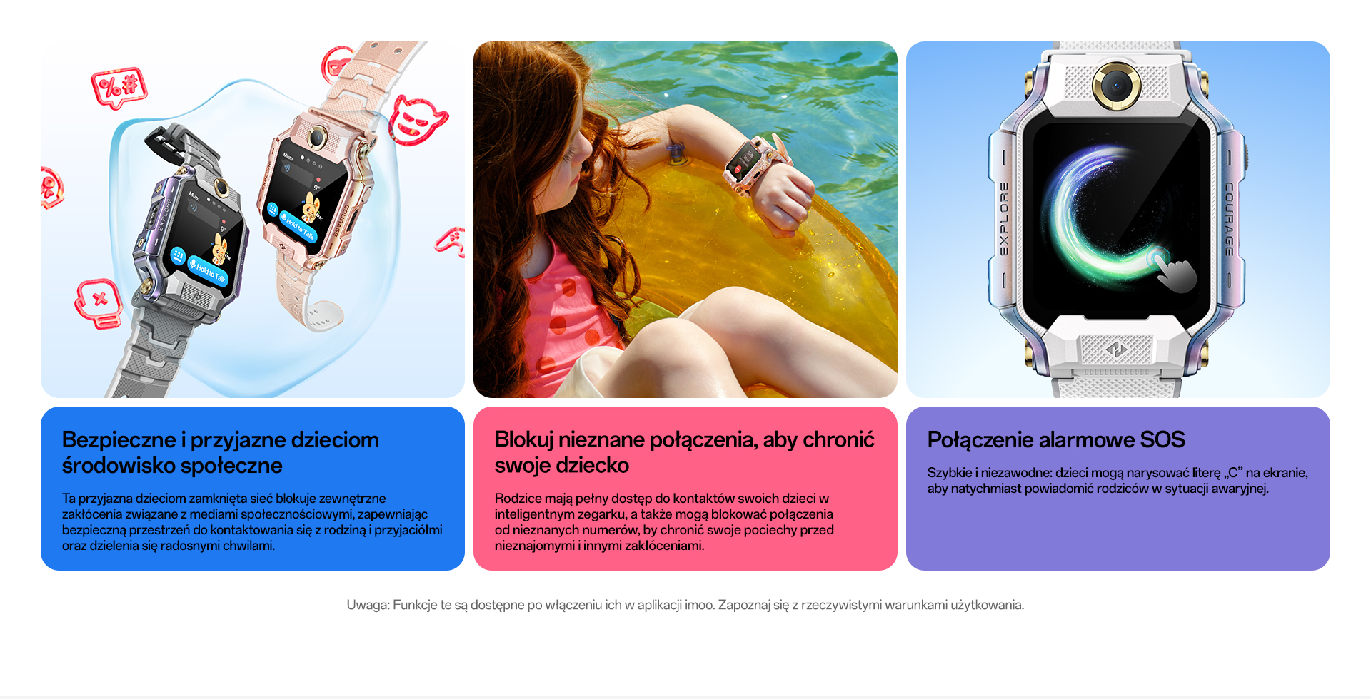 imoo Watch Phone X10: Grau und Roségold Varianten, Kind am Pool, weiße Uhr mit SOS-Funktion. Produktseite.