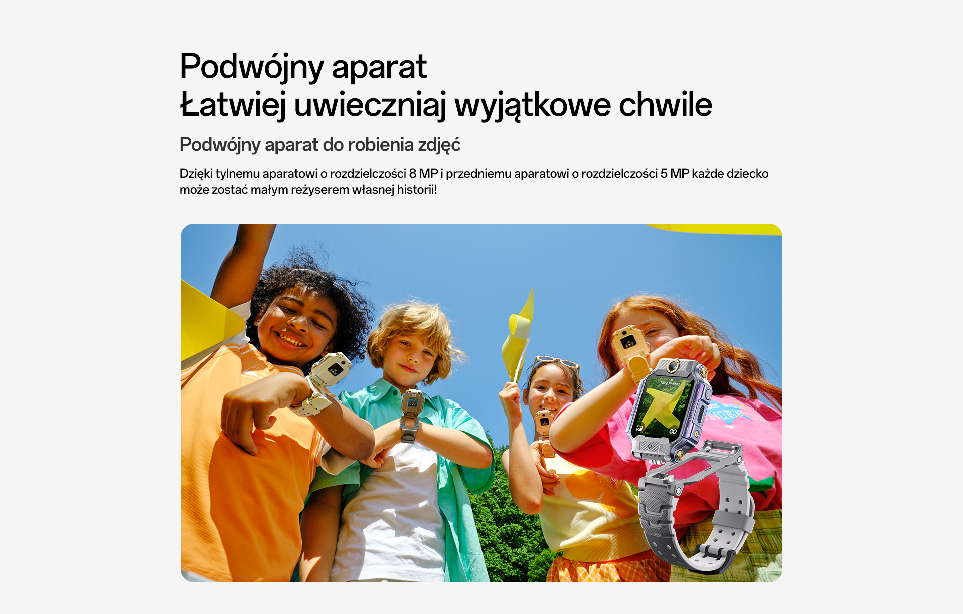 imoo Watch Phone X10: Vier Kinder mit bunten Smartwatches im Freien, die Dual-Kamerafunktion wird gezeigt. Produktseite.